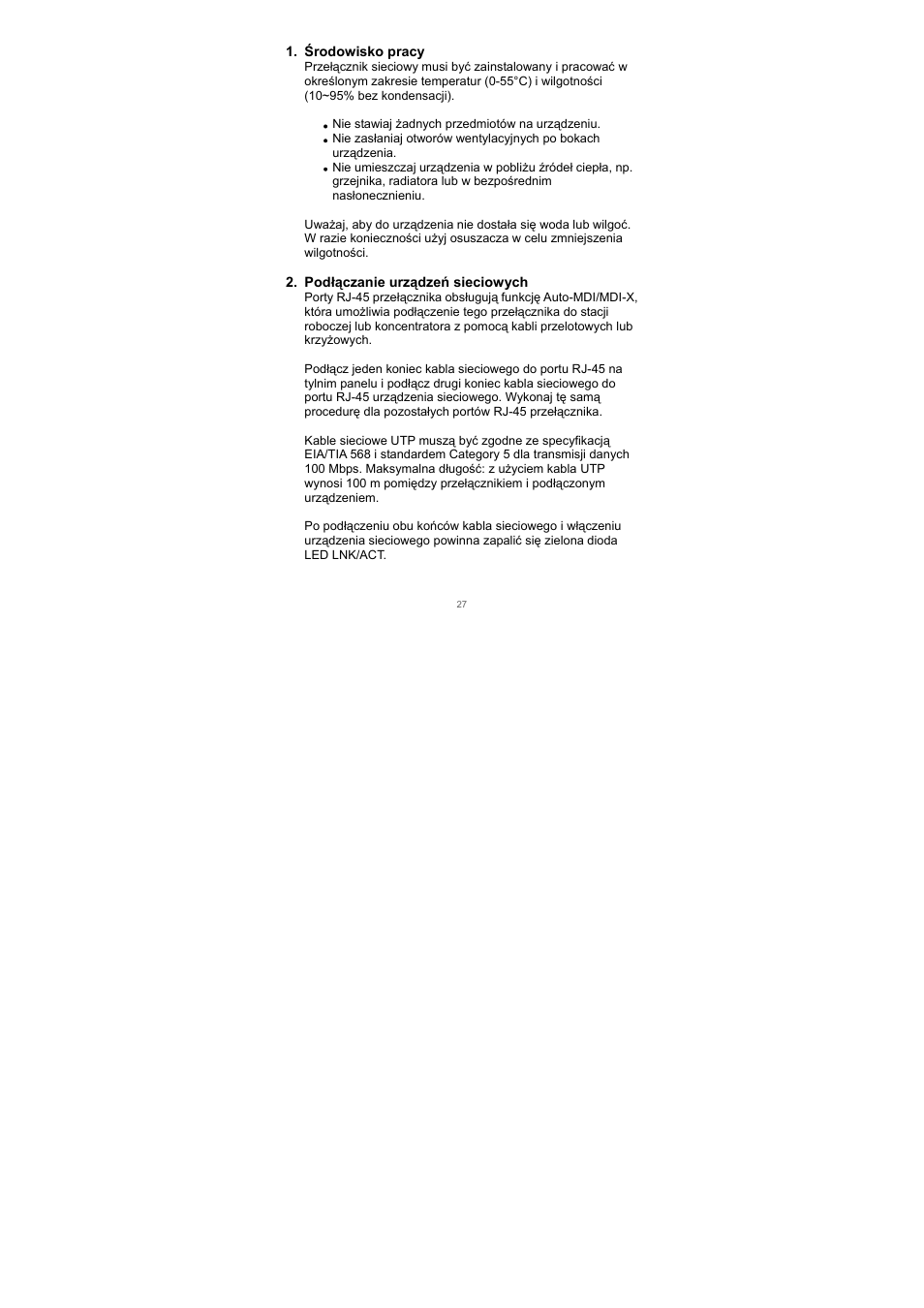 Środowisko pracy, Podłączanie urządzeń sieciowych | Edimax Technology Edimax ES-3105P User Manual | Page 28 / 40