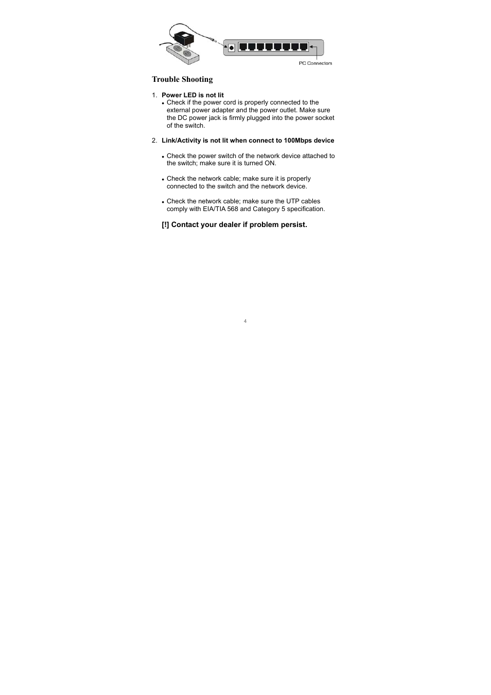 Trouble shooting, Contact your dealer if problem persist | Edimax Technology Edimax ES-3105P User Manual | Page 5 / 40