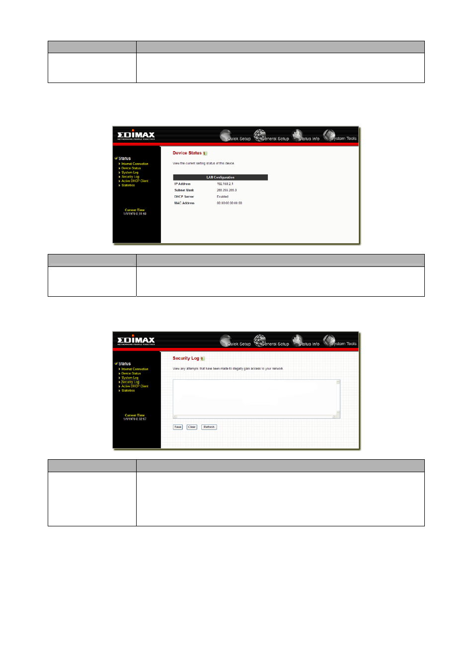 3 device status, 4 security log | Edimax Technology BR-6104K User Manual | Page 38 / 48