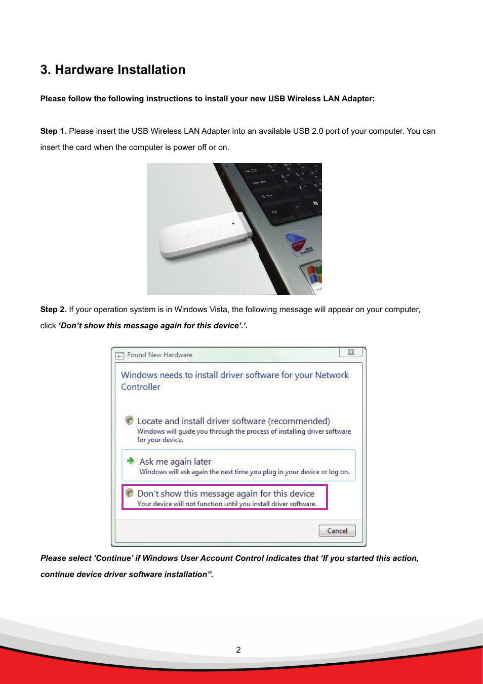 Hardware installation | Edimax Technology Wireless LAN USB Adapter User Manual | Page 4 / 16