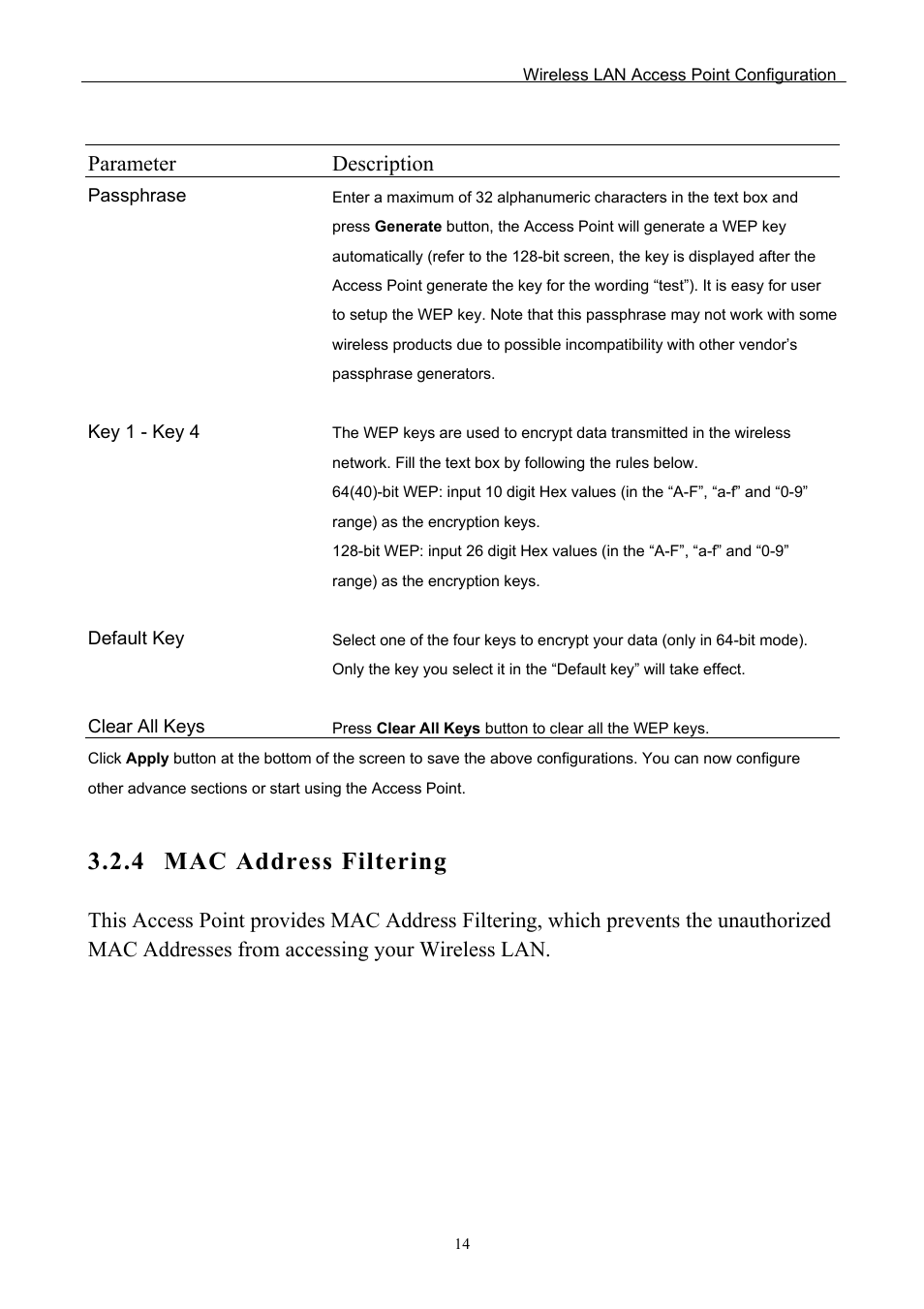 4 mac address filtering, Parameter description | Edimax Technology EW-7205APS User Manual | Page 16 / 31