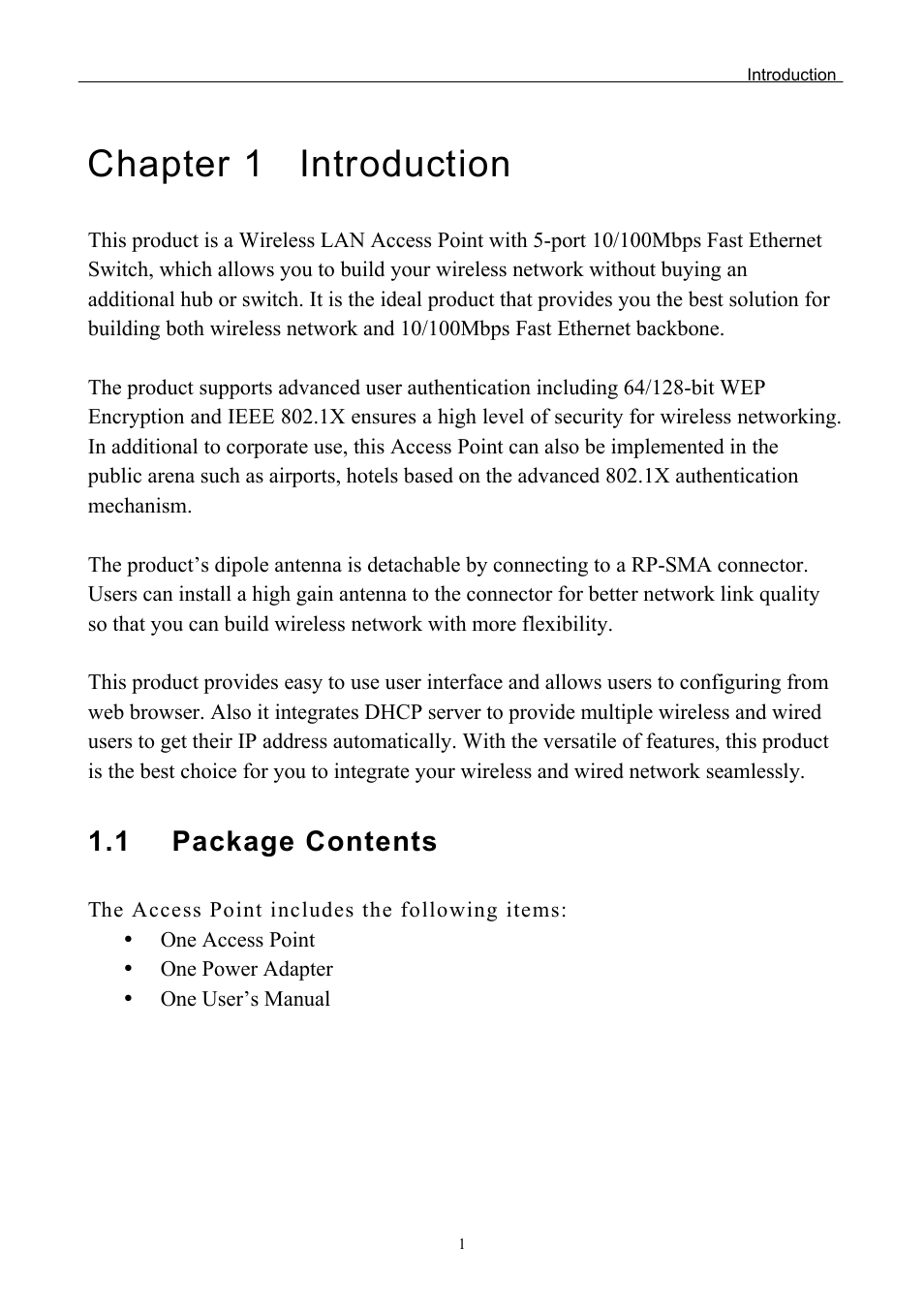 Chapter 1 introduction, 1 package contents | Edimax Technology EW-7205APS User Manual | Page 3 / 31