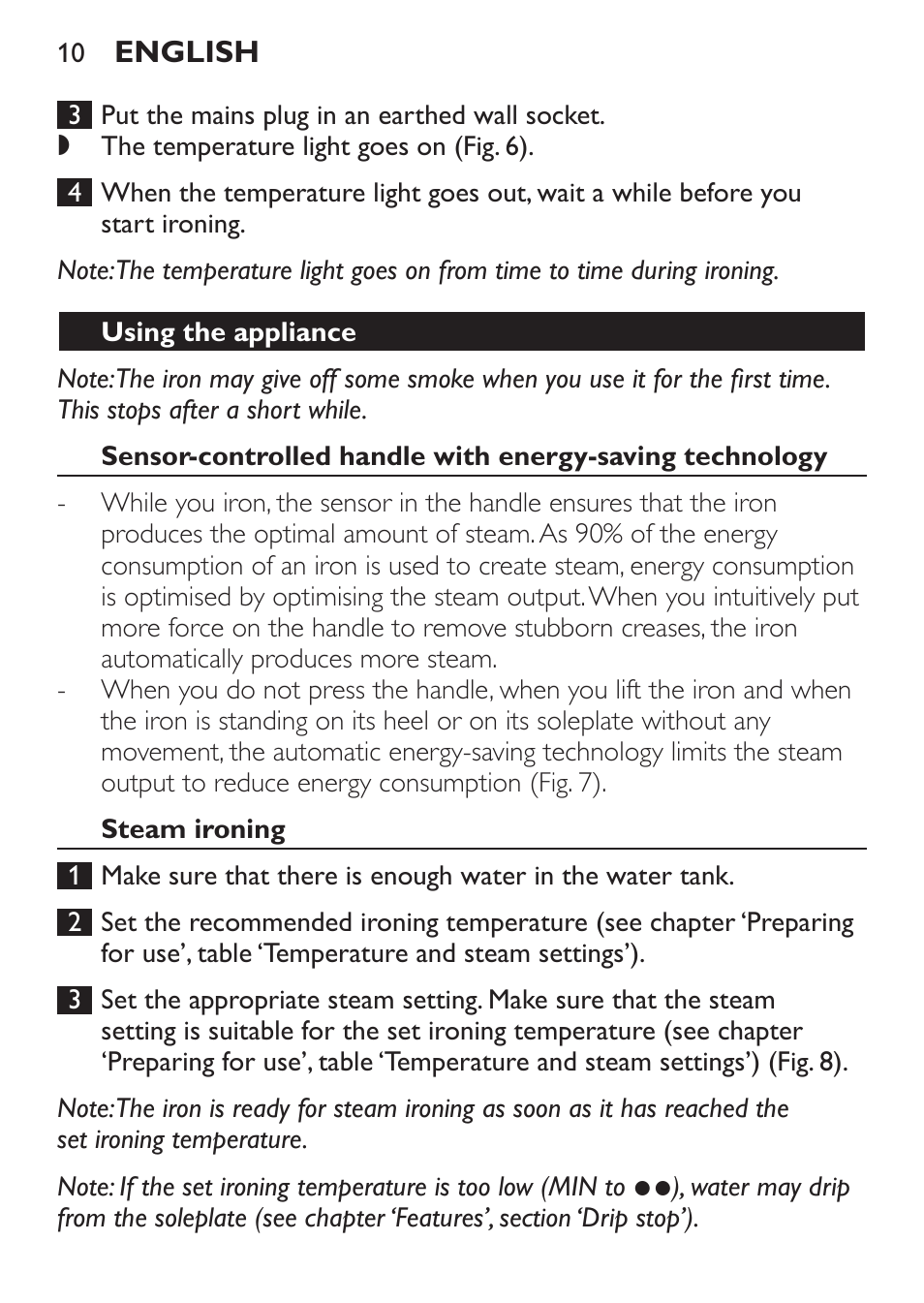 Using the appliance, Steam ironing | Philips GC3620 User Manual | Page 10 / 224