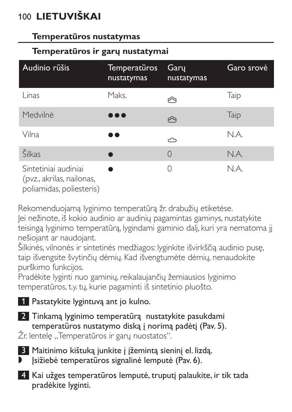 Temperatūros nustatymas, Temperatūros ir garų nustatymai | Philips GC3620 User Manual | Page 100 / 224