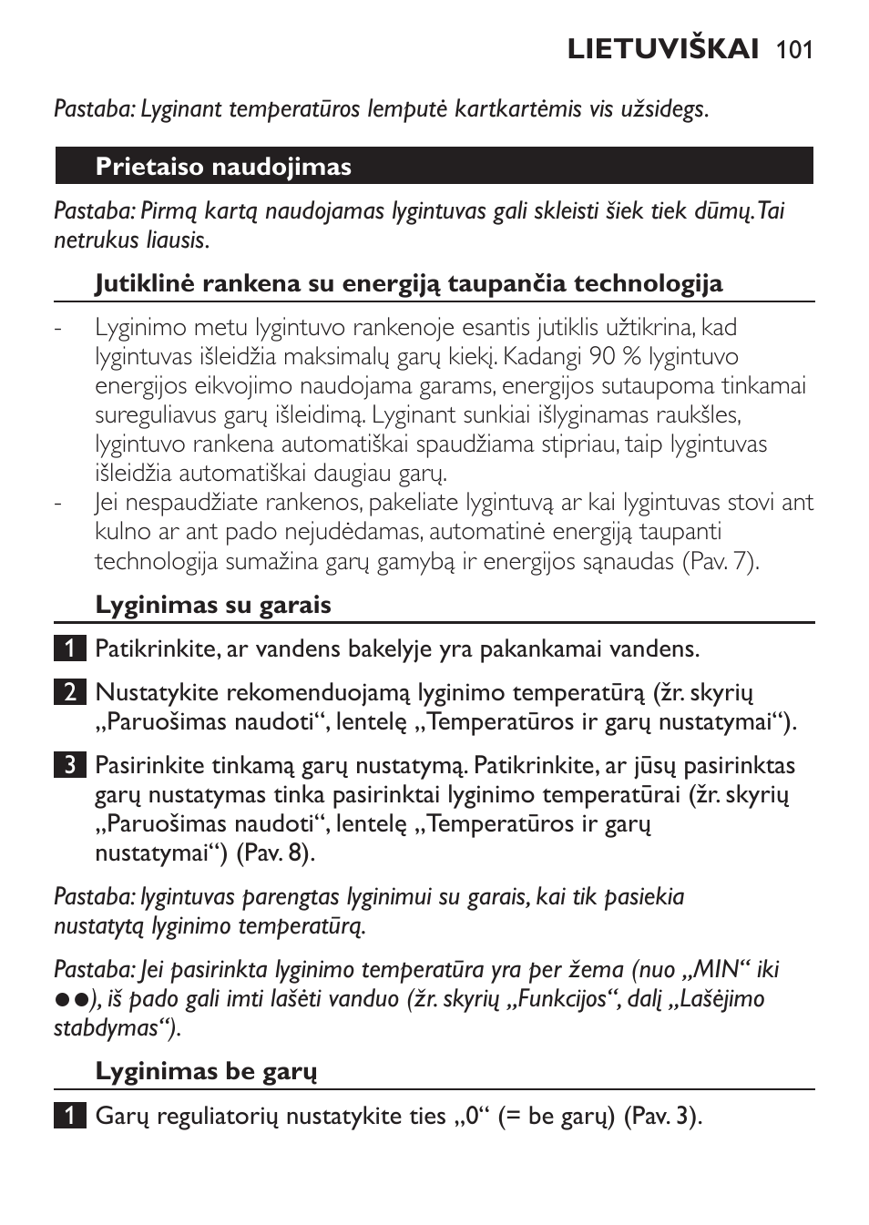 Prietaiso naudojimas, Lyginimas su garais, Lyginimas be garų | Philips GC3620 User Manual | Page 101 / 224