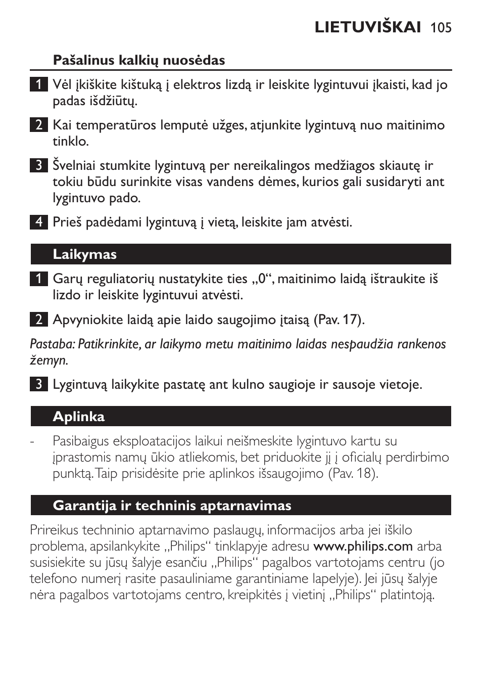 Pašalinus kalkių nuosėdas, Laikymas, Aplinka | Garantija ir techninis aptarnavimas | Philips GC3620 User Manual | Page 105 / 224