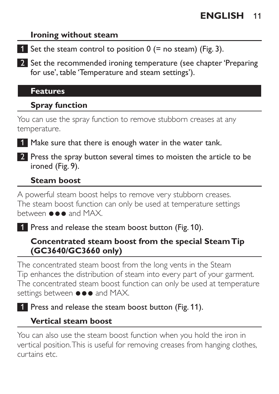Ironing without steam, Features, Spray function | Steam boost, Vertical steam boost | Philips GC3620 User Manual | Page 11 / 224