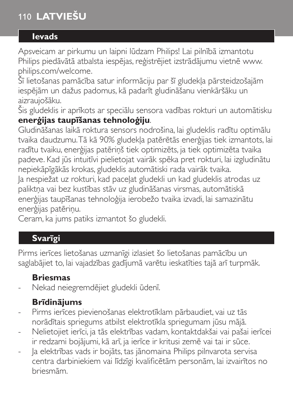 Briesmas, Brīdinājums, Latviešu | Ievads, Svarīgi | Philips GC3620 User Manual | Page 110 / 224