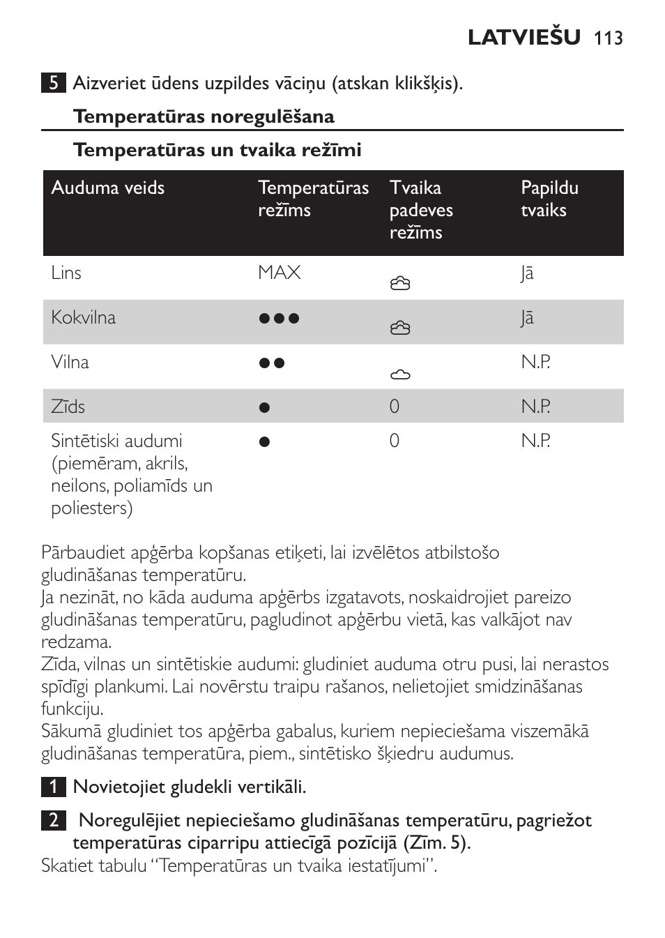 Temperatūras noregulēšana, Temperatūras un tvaika režīmi | Philips GC3620 User Manual | Page 113 / 224