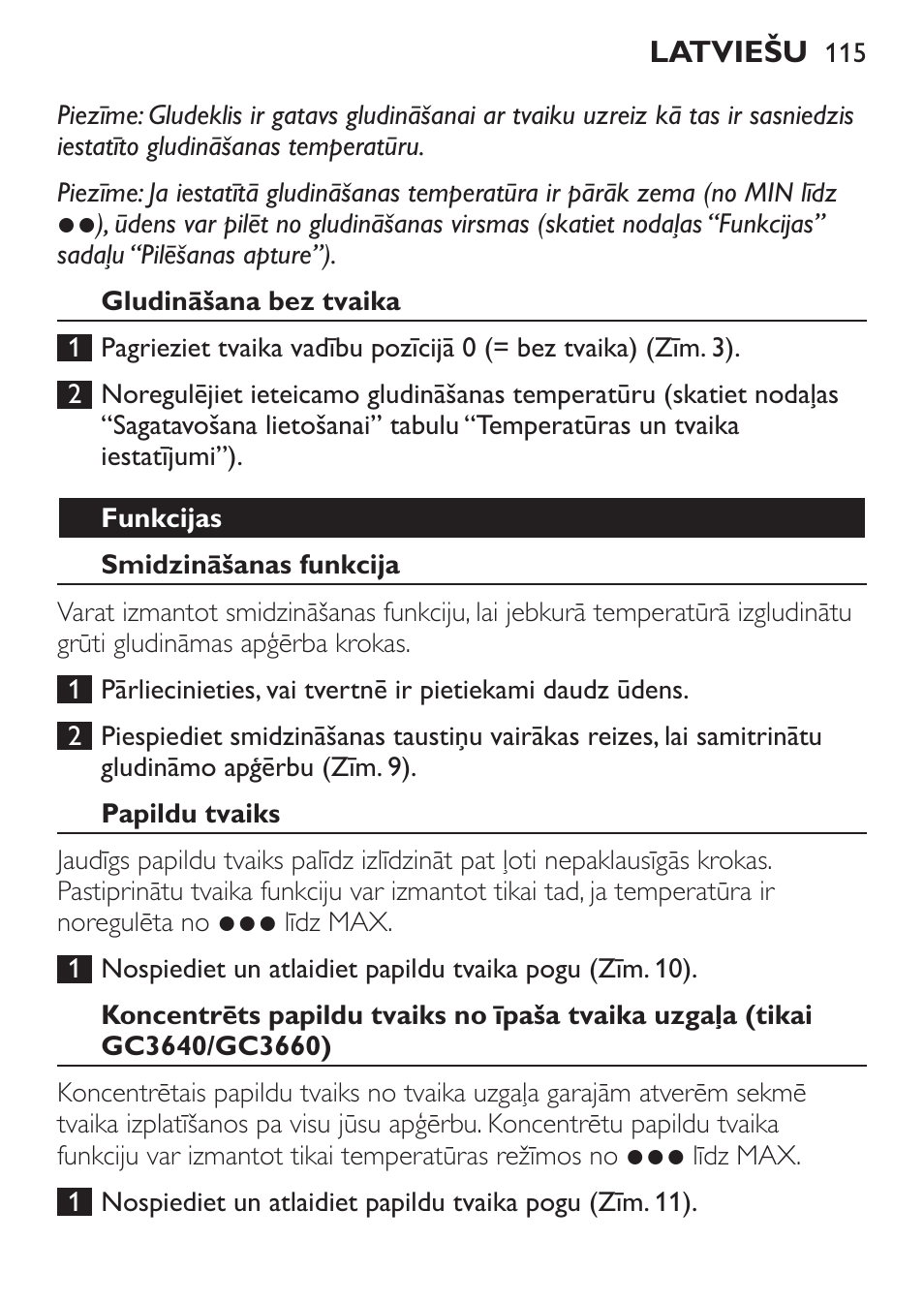 Gludināšana bez tvaika, Funkcijas, Smidzināšanas funkcija | Papildu tvaiks | Philips GC3620 User Manual | Page 115 / 224