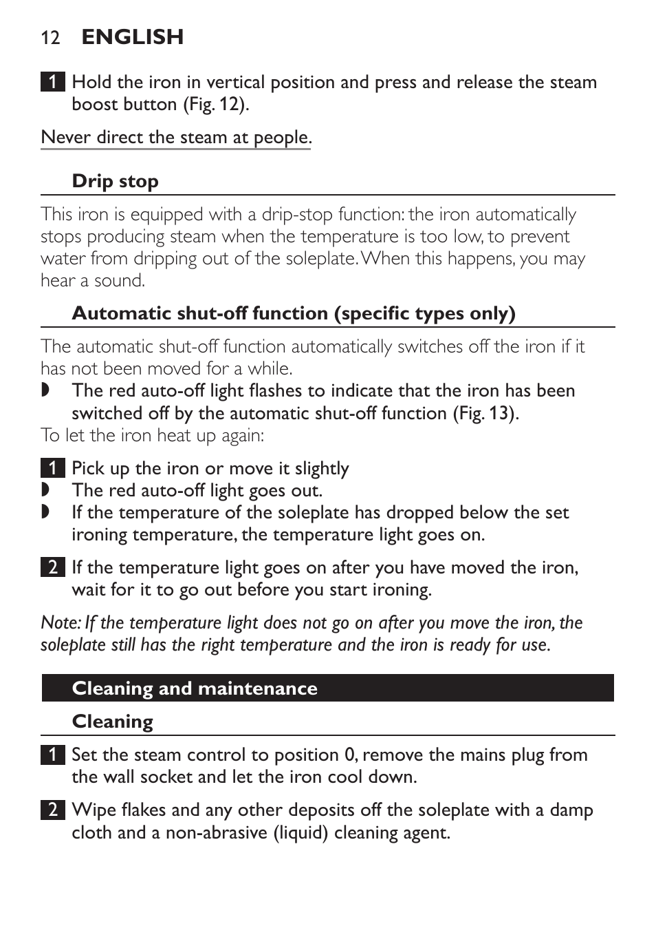 Drip stop, Automatic shut-off function (specific types only), Cleaning and maintenance | Cleaning | Philips GC3620 User Manual | Page 12 / 224