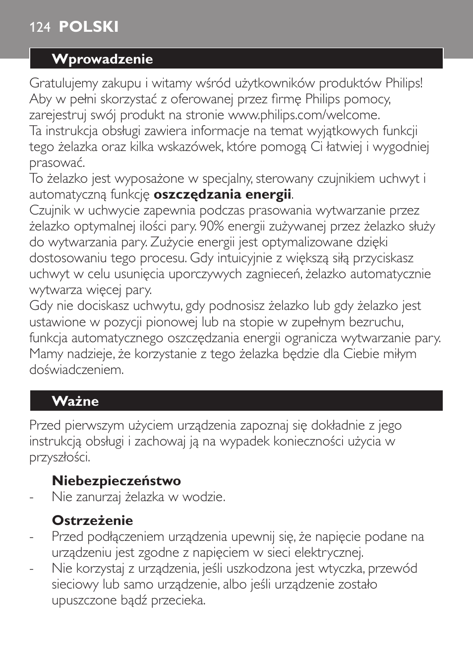 Niebezpieczeństwo, Ostrzeżenie, Polski | Wprowadzenie, Ważne | Philips GC3620 User Manual | Page 124 / 224