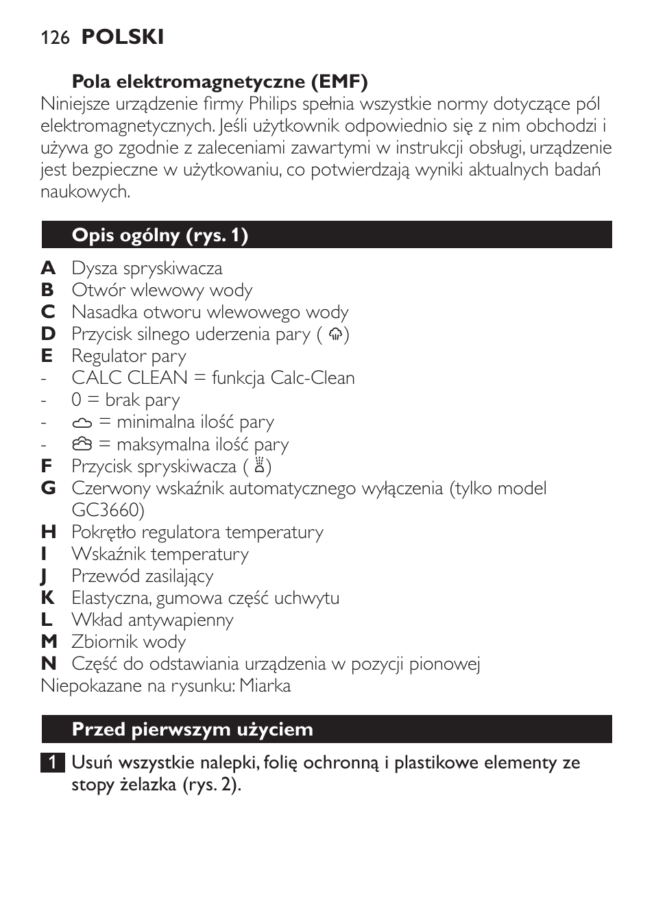 Pola elektromagnetyczne (emf), Opis ogólny (rys. 1), Przed pierwszym użyciem | Philips GC3620 User Manual | Page 126 / 224