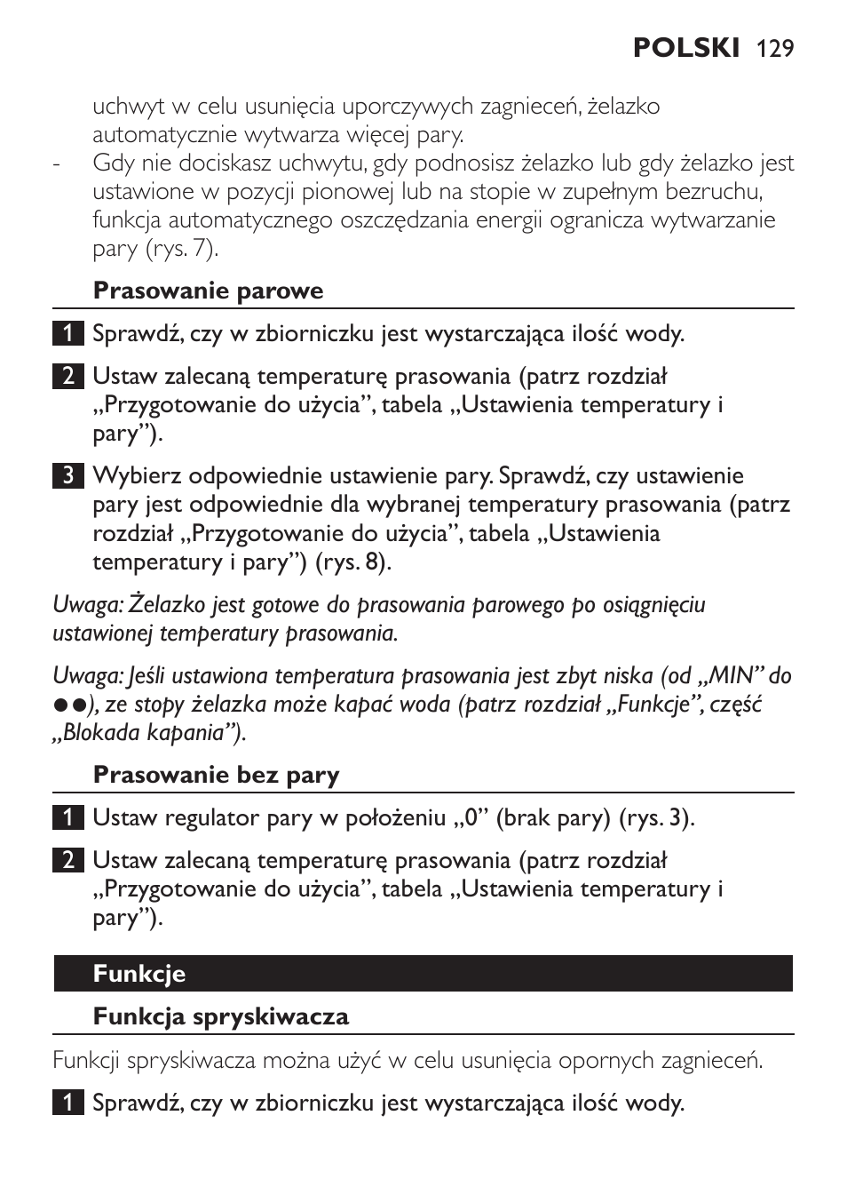 Prasowanie parowe, Prasowanie bez pary, Funkcje | Funkcja spryskiwacza | Philips GC3620 User Manual | Page 129 / 224