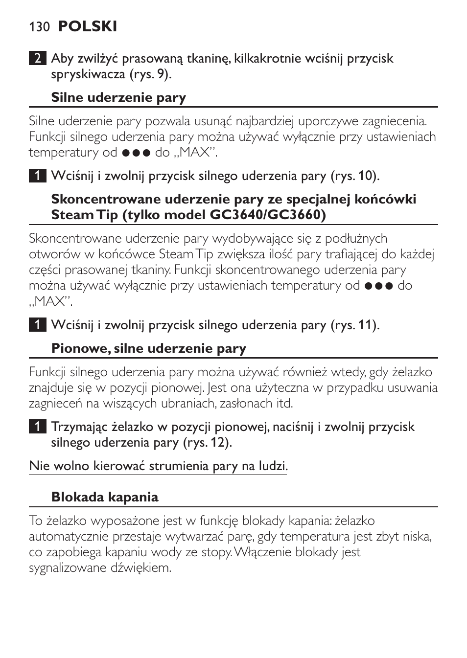 Silne uderzenie pary, Pionowe, silne uderzenie pary, Blokada kapania | Philips GC3620 User Manual | Page 130 / 224