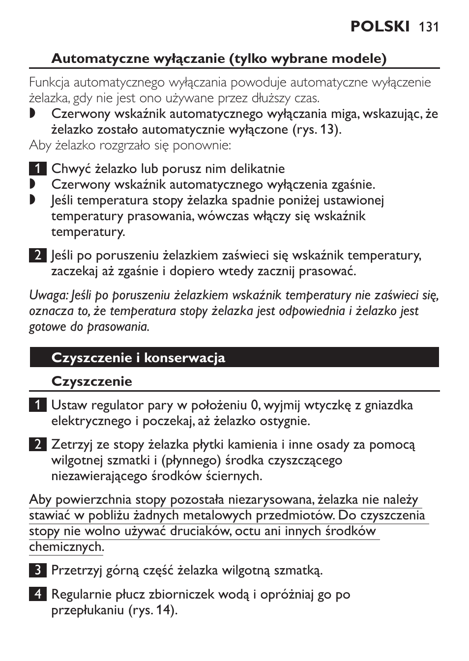 Automatyczne wyłączanie (tylko wybrane modele), Czyszczenie i konserwacja, Czyszczenie | Philips GC3620 User Manual | Page 131 / 224