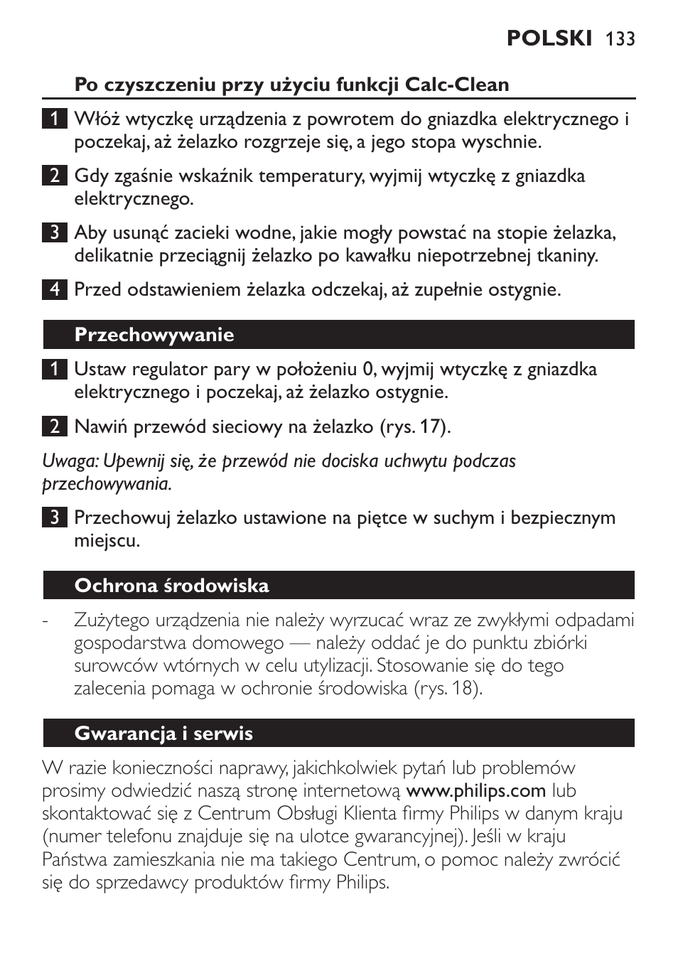 Po czyszczeniu przy użyciu funkcji calc-clean, Przechowywanie, Ochrona środowiska | Gwarancja i serwis | Philips GC3620 User Manual | Page 133 / 224