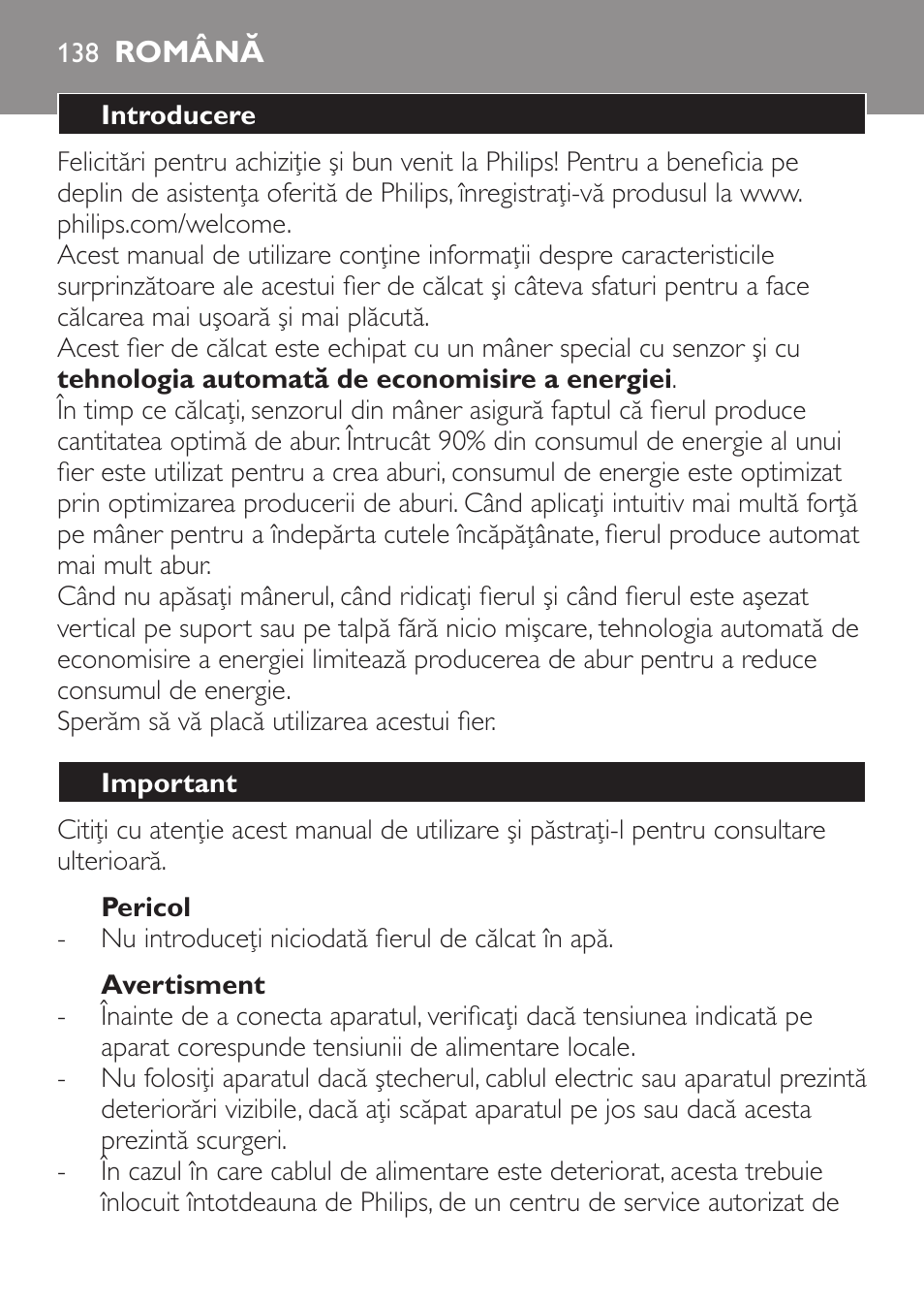 Pericol, Avertisment, Română | Introducere, Important | Philips GC3620 User Manual | Page 138 / 224