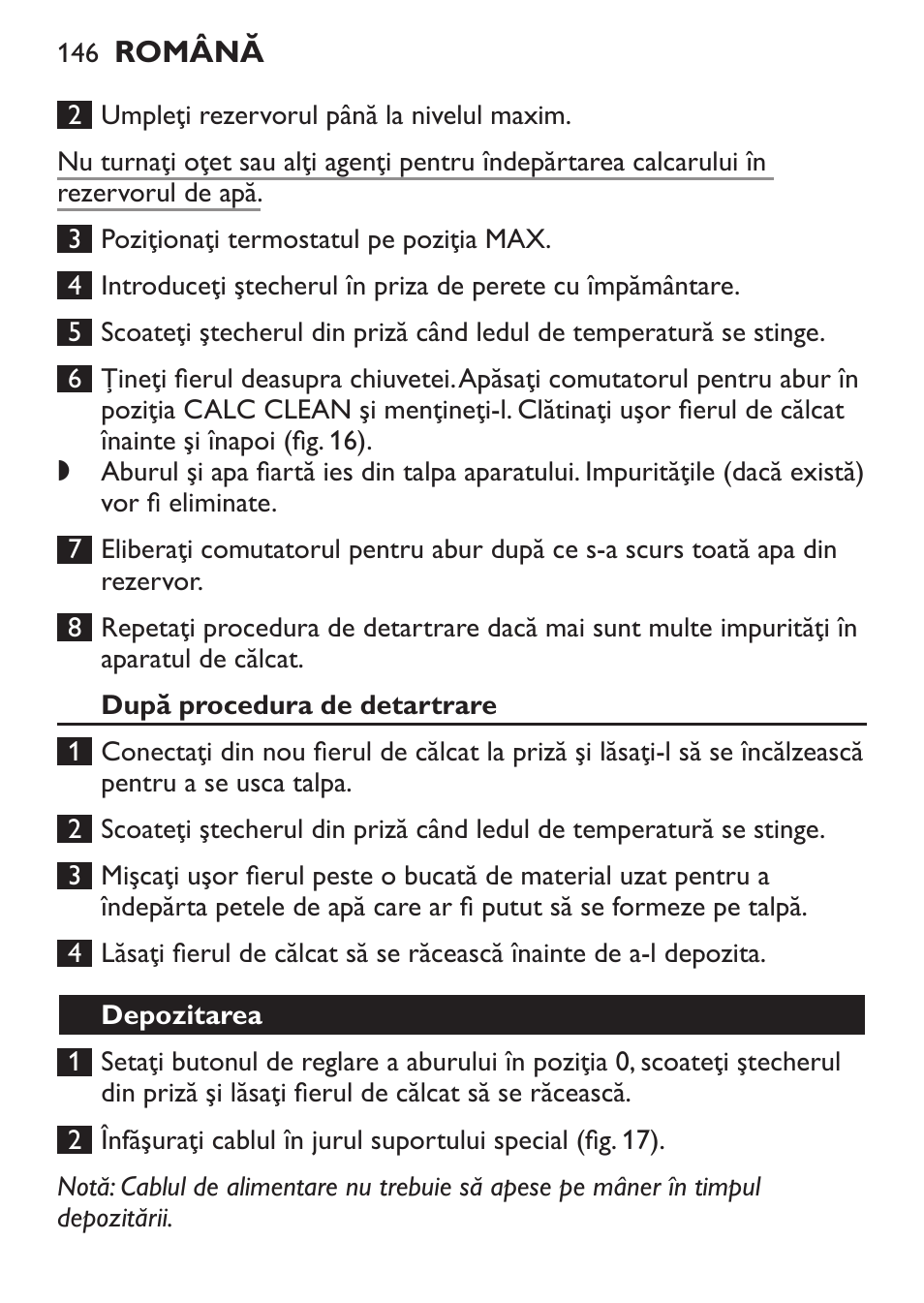 După procedura de detartrare, Depozitarea | Philips GC3620 User Manual | Page 146 / 224