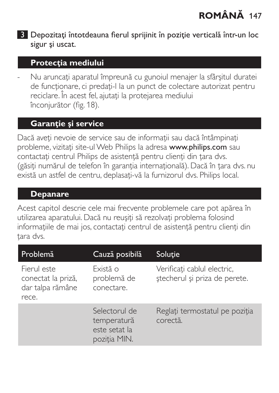 Protecţia mediului, Garanţie şi service, Depanare | Philips GC3620 User Manual | Page 147 / 224