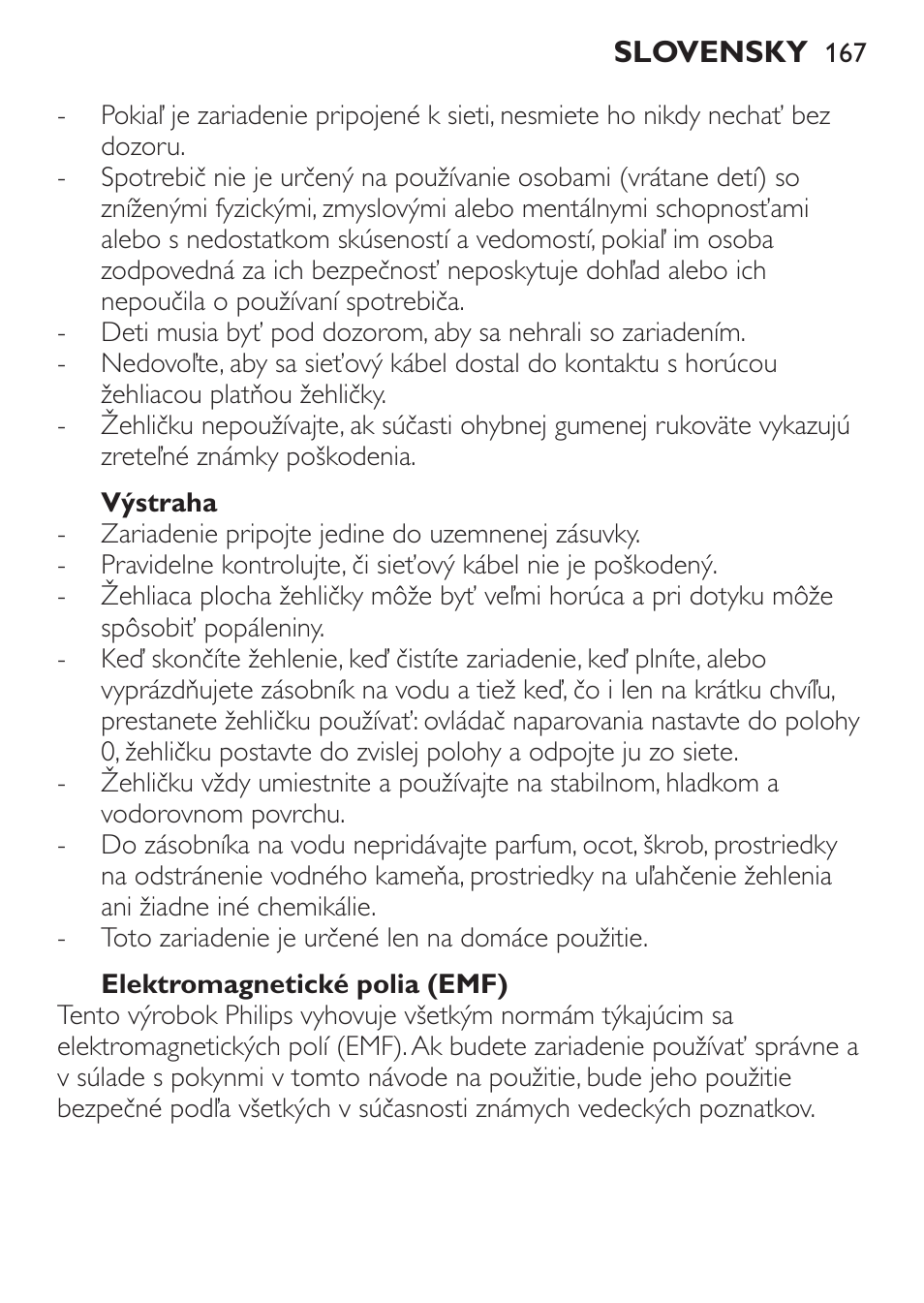 Výstraha, Elektromagnetické polia (emf), Opis zariadenia (obr. 1) | Philips GC3620 User Manual | Page 167 / 224
