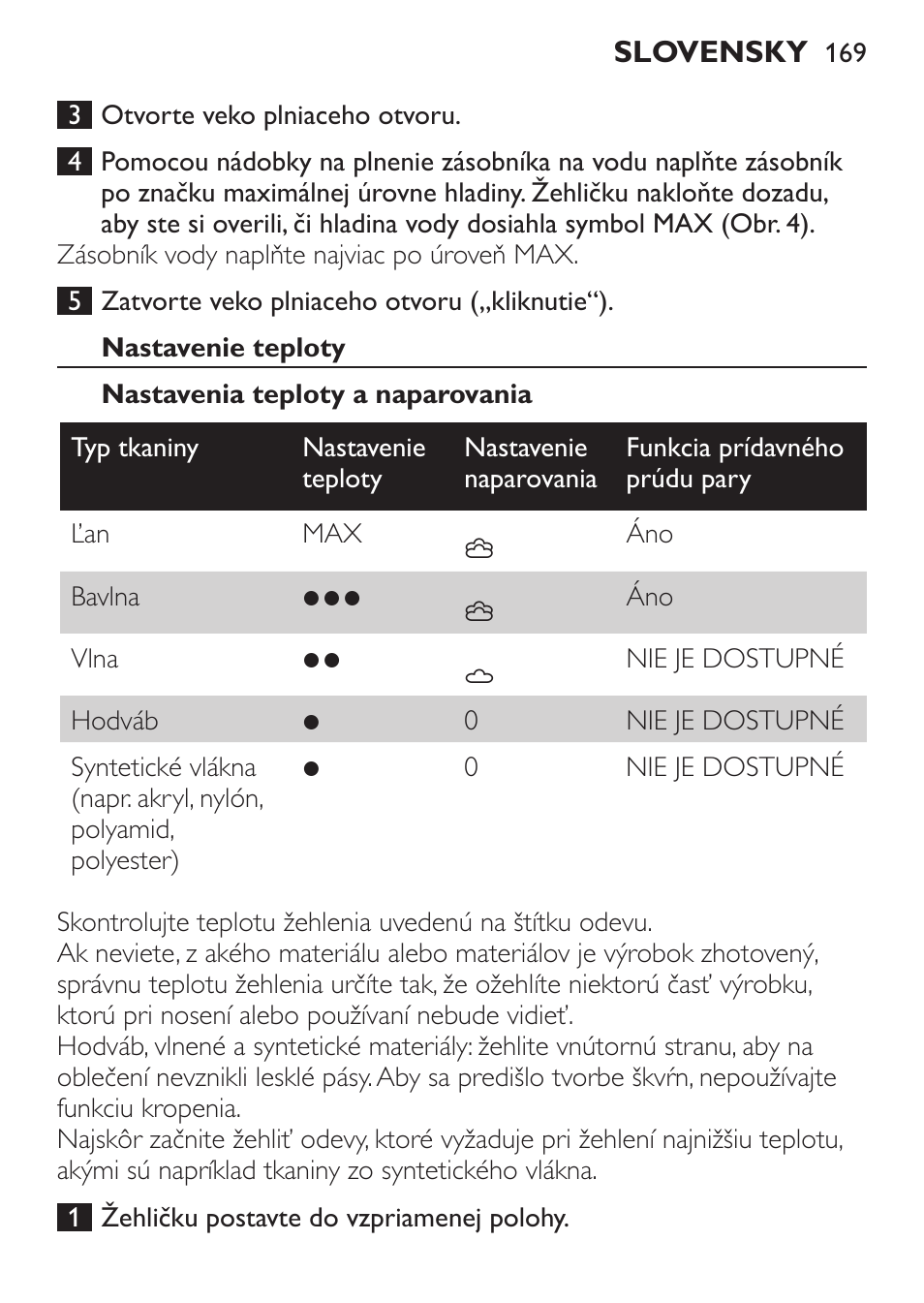 Nastavenie teploty, Nastavenia teploty a naparovania | Philips GC3620 User Manual | Page 169 / 224