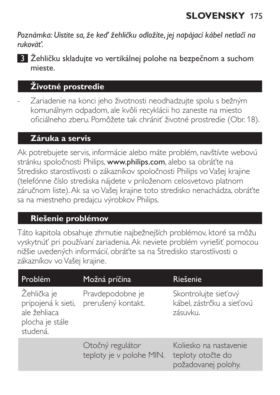 Životné prostredie, Záruka a servis, Riešenie problémov | Philips GC3620 User Manual | Page 175 / 224