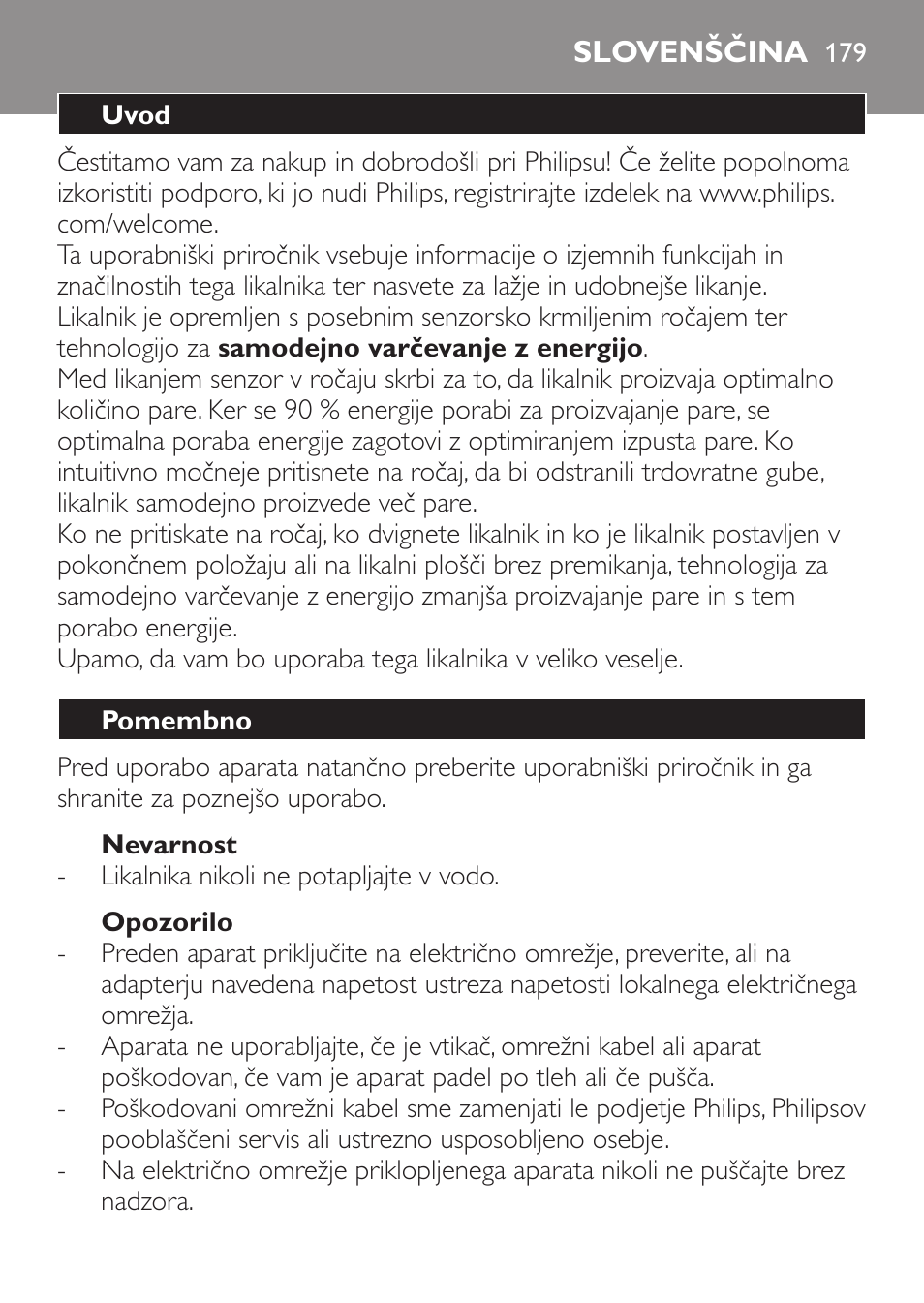 Nevarnost, Opozorilo, Slovenščina | Uvod, Pomembno | Philips GC3620 User Manual | Page 179 / 224