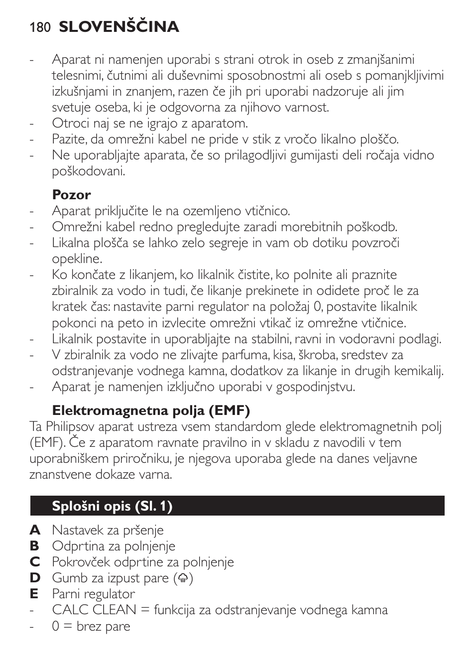 Pozor, Elektromagnetna polja (emf), Splošni opis (sl. 1) | Philips GC3620 User Manual | Page 180 / 224
