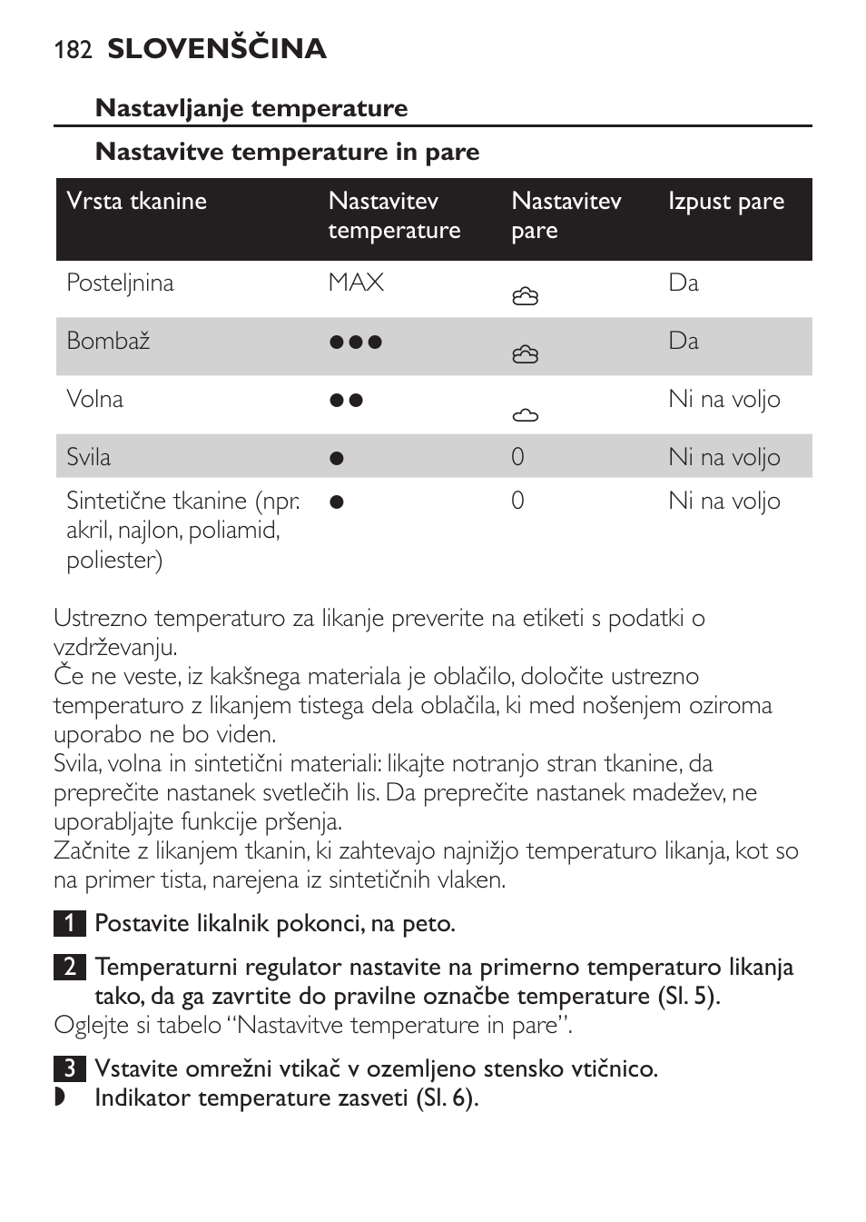 Nastavljanje temperature, Nastavitve temperature in pare | Philips GC3620 User Manual | Page 182 / 224