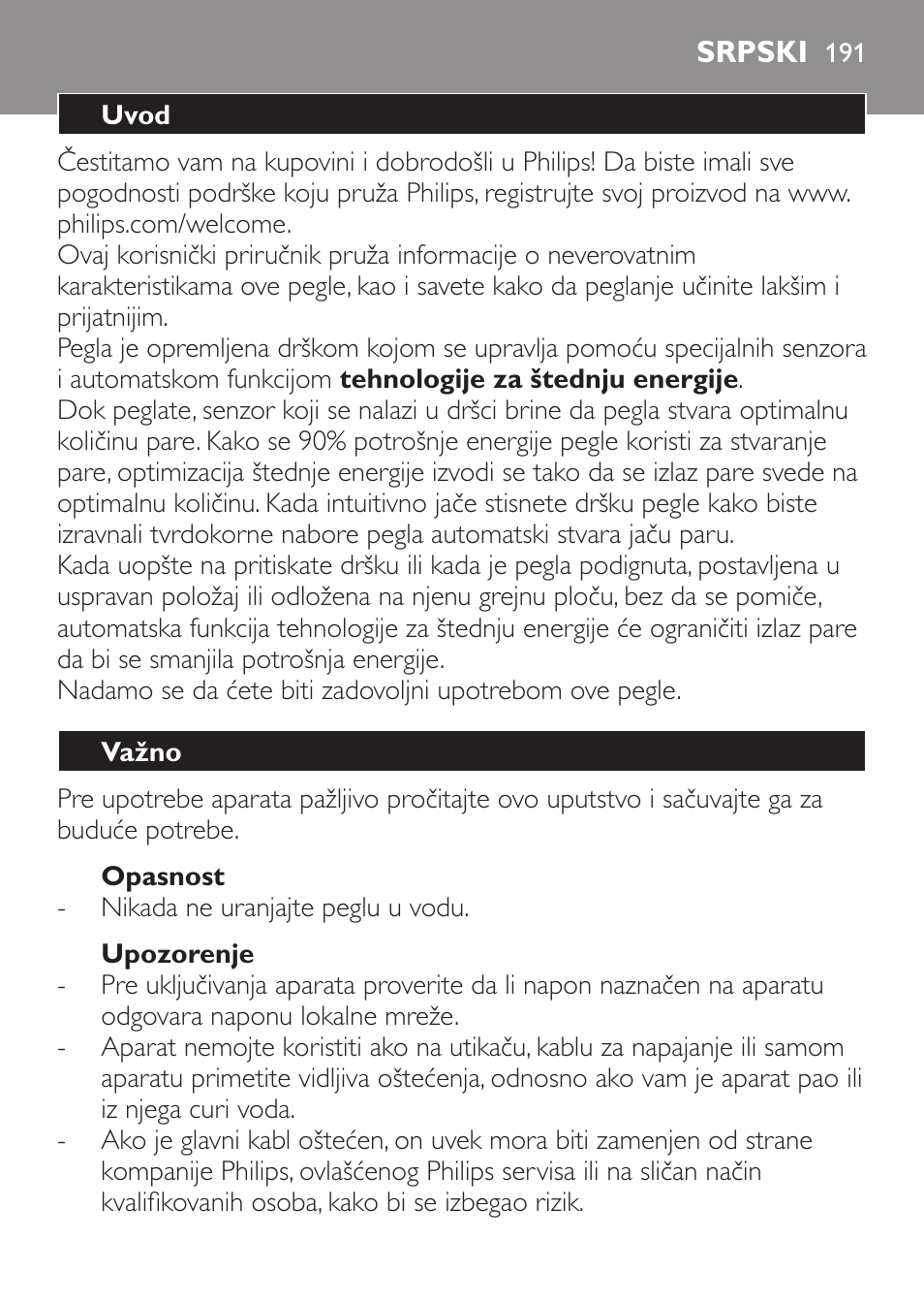 Opasnost, Upozorenje, Srpski | Uvod, Važno | Philips GC3620 User Manual | Page 191 / 224