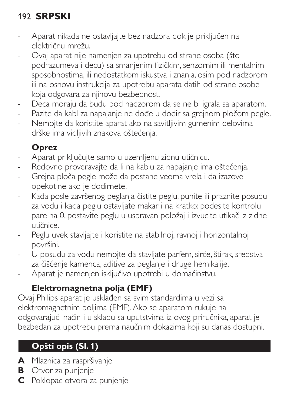 Oprez, Elektromagnetna polja (emf), Opšti opis (sl. 1) | Philips GC3620 User Manual | Page 192 / 224