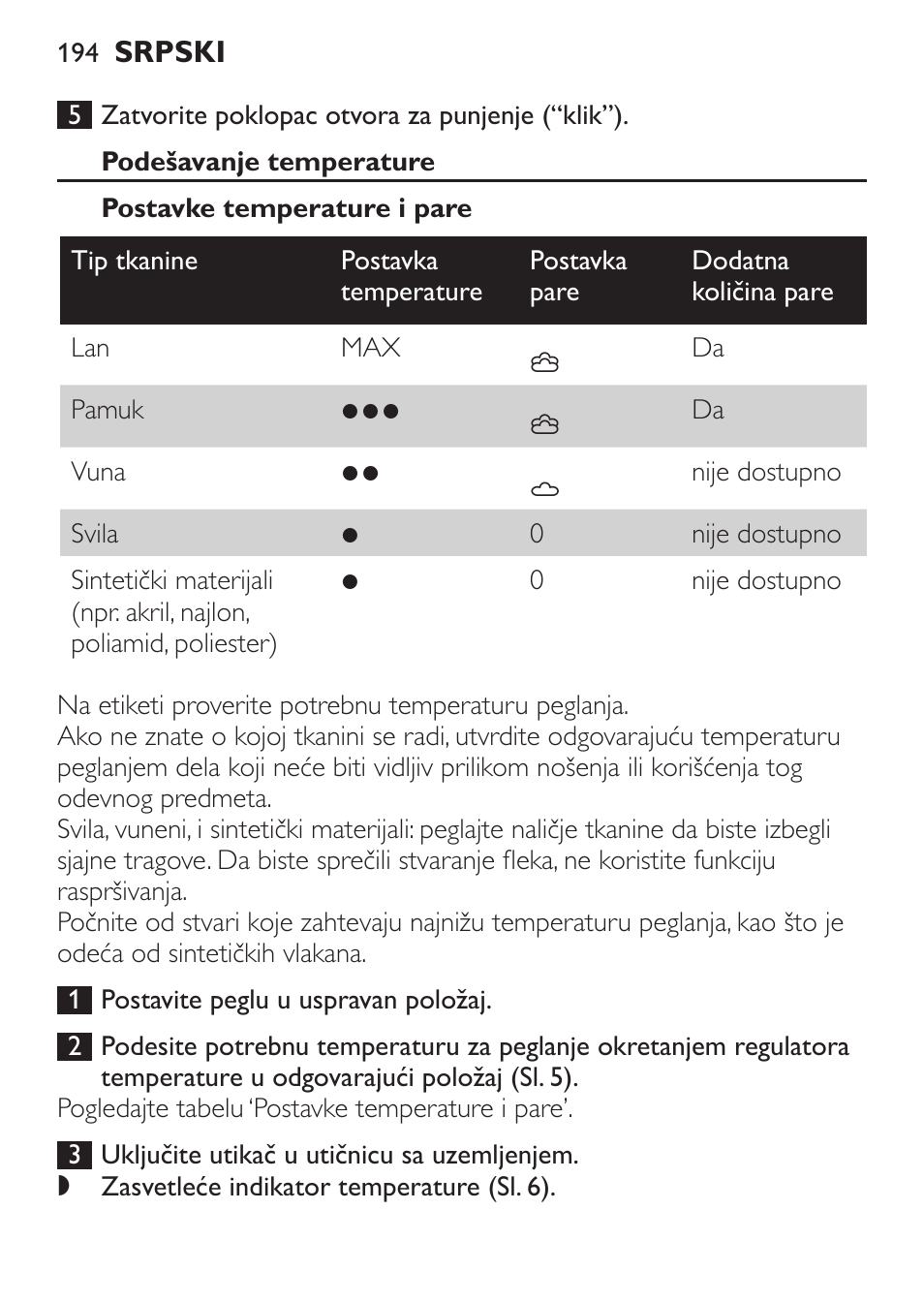 Podešavanje temperature, Postavke temperature i pare | Philips GC3620 User Manual | Page 194 / 224