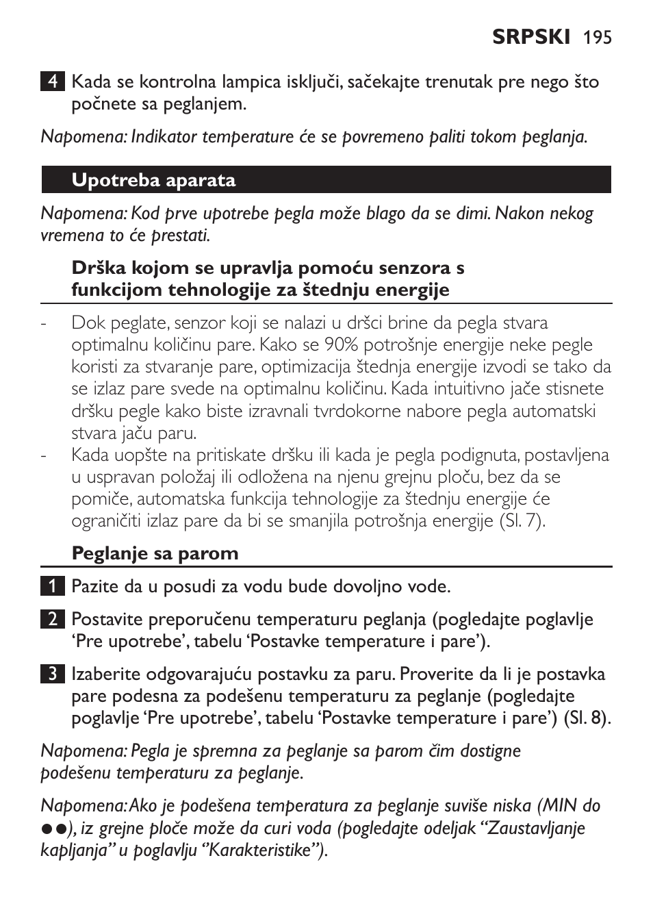 Upotreba aparata, Peglanje sa parom | Philips GC3620 User Manual | Page 195 / 224