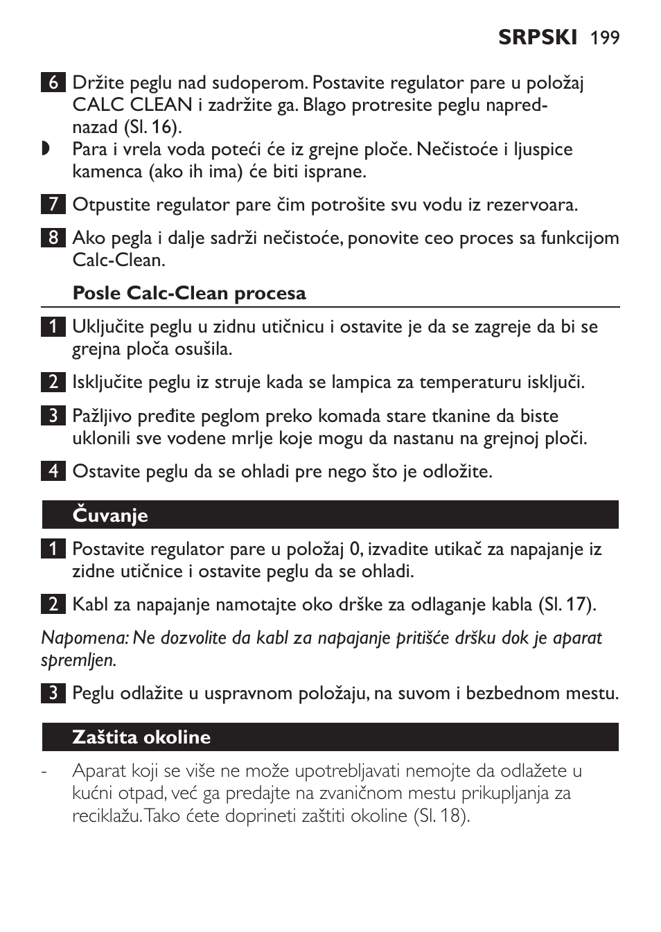 Posle calc-clean procesa, Čuvanje, Zaštita okoline | Philips GC3620 User Manual | Page 199 / 224