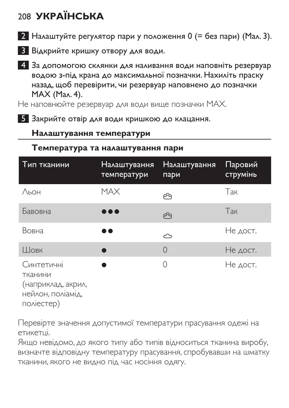 Налаштування температури, Температура та налаштування пари | Philips GC3620 User Manual | Page 208 / 224