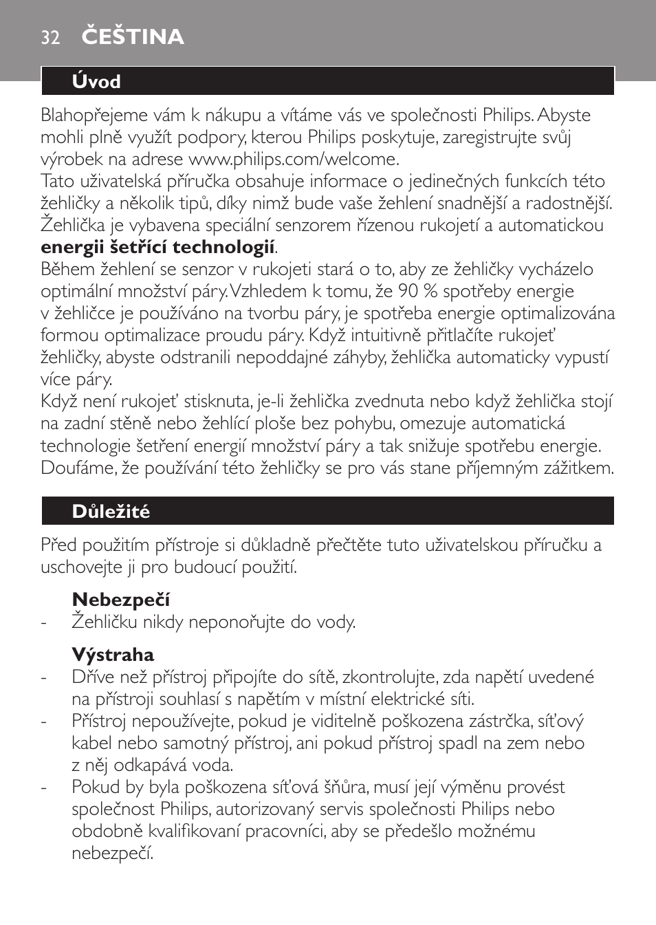 Nebezpečí, Výstraha, Čeština | Úvod, Důležité | Philips GC3620 User Manual | Page 32 / 224