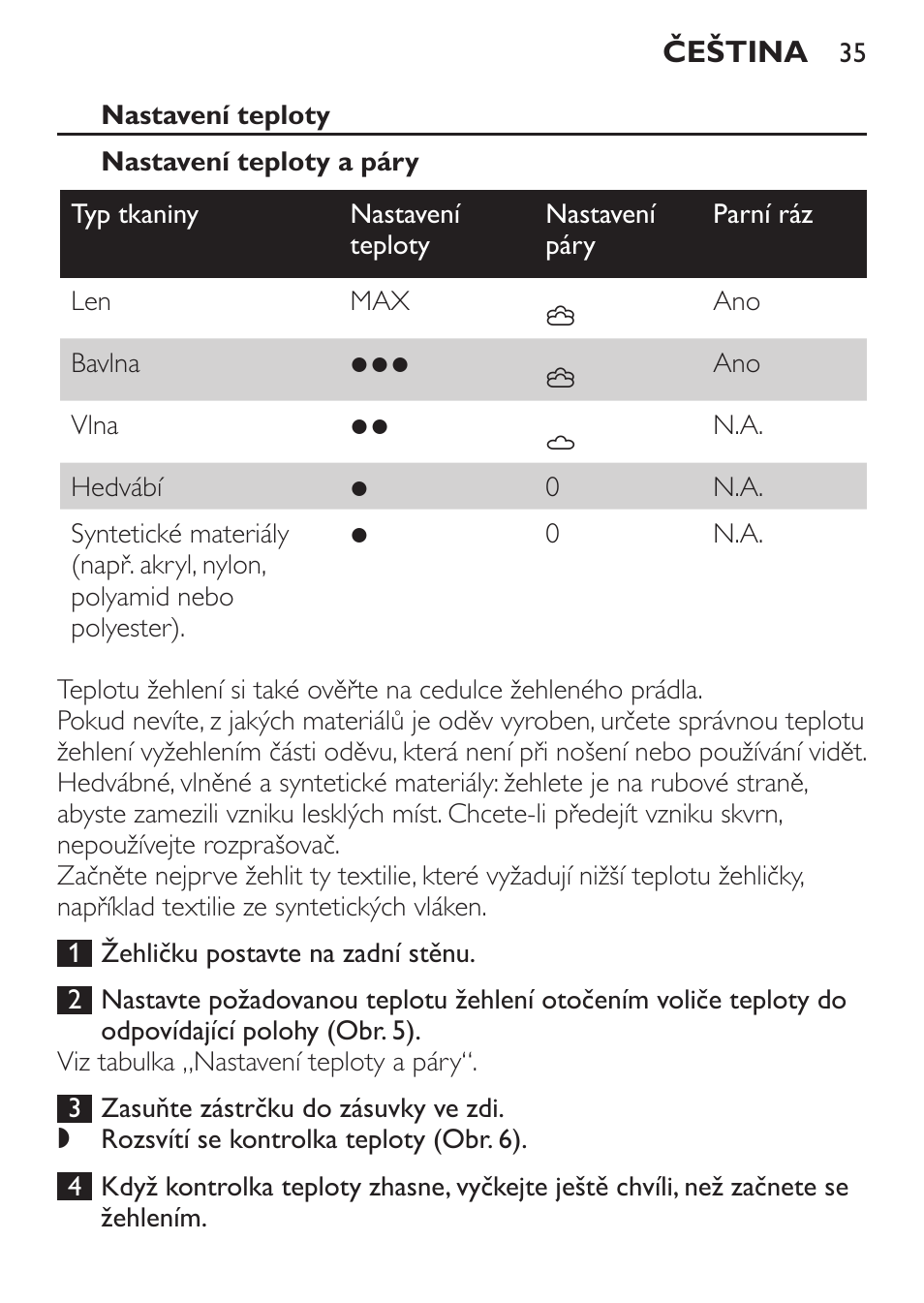 Nastavení teploty, Nastavení teploty a páry | Philips GC3620 User Manual | Page 35 / 224