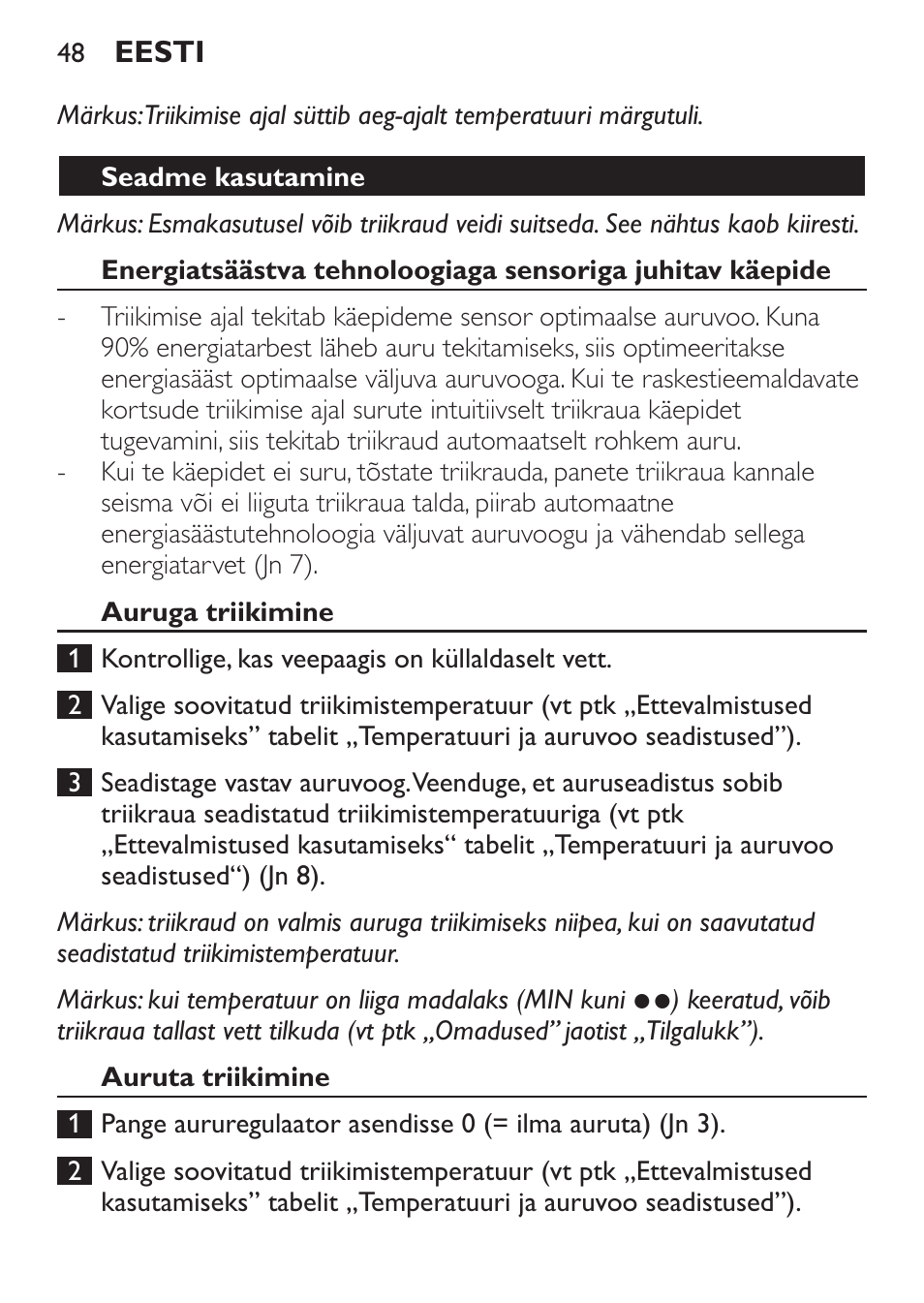 Seadme kasutamine, Auruga triikimine, Auruta triikimine | Philips GC3620 User Manual | Page 48 / 224