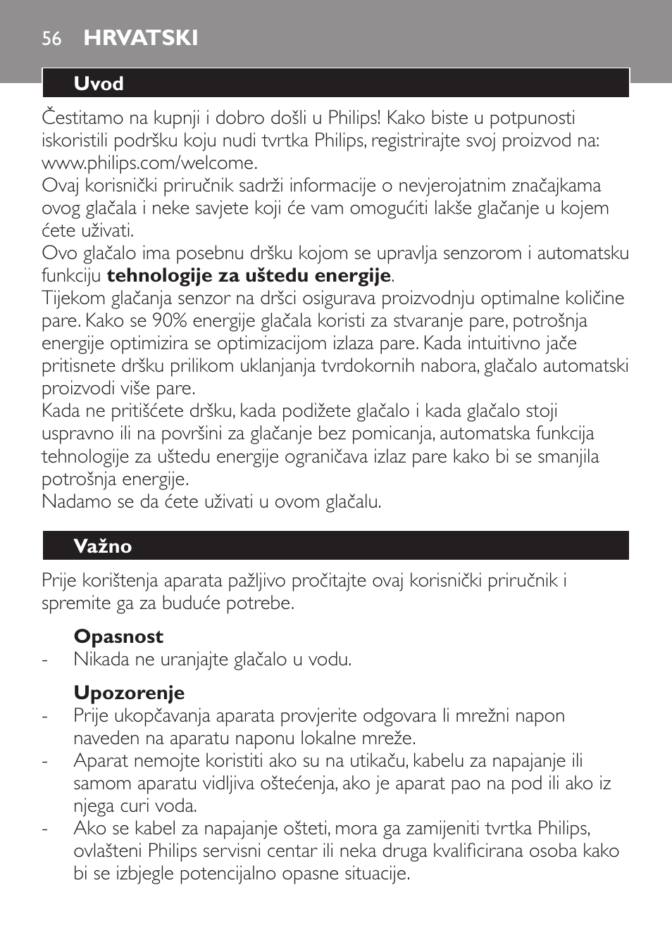 Opasnost, Upozorenje, Hrvatski | Uvod, Važno | Philips GC3620 User Manual | Page 56 / 224