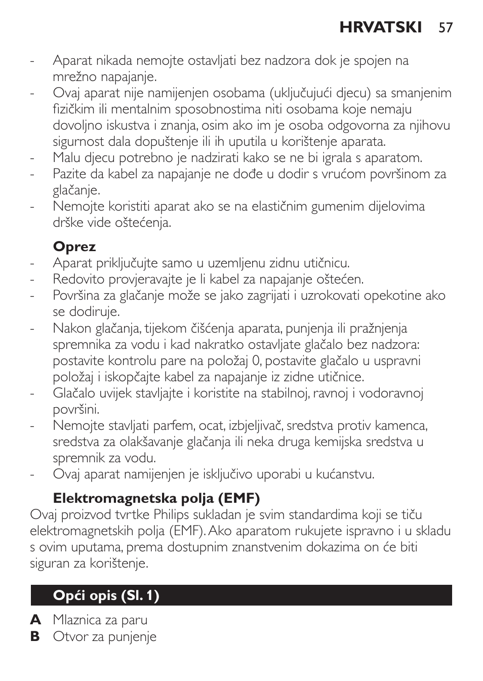 Oprez, Elektromagnetska polja (emf), Opći opis (sl. 1) | Philips GC3620 User Manual | Page 57 / 224