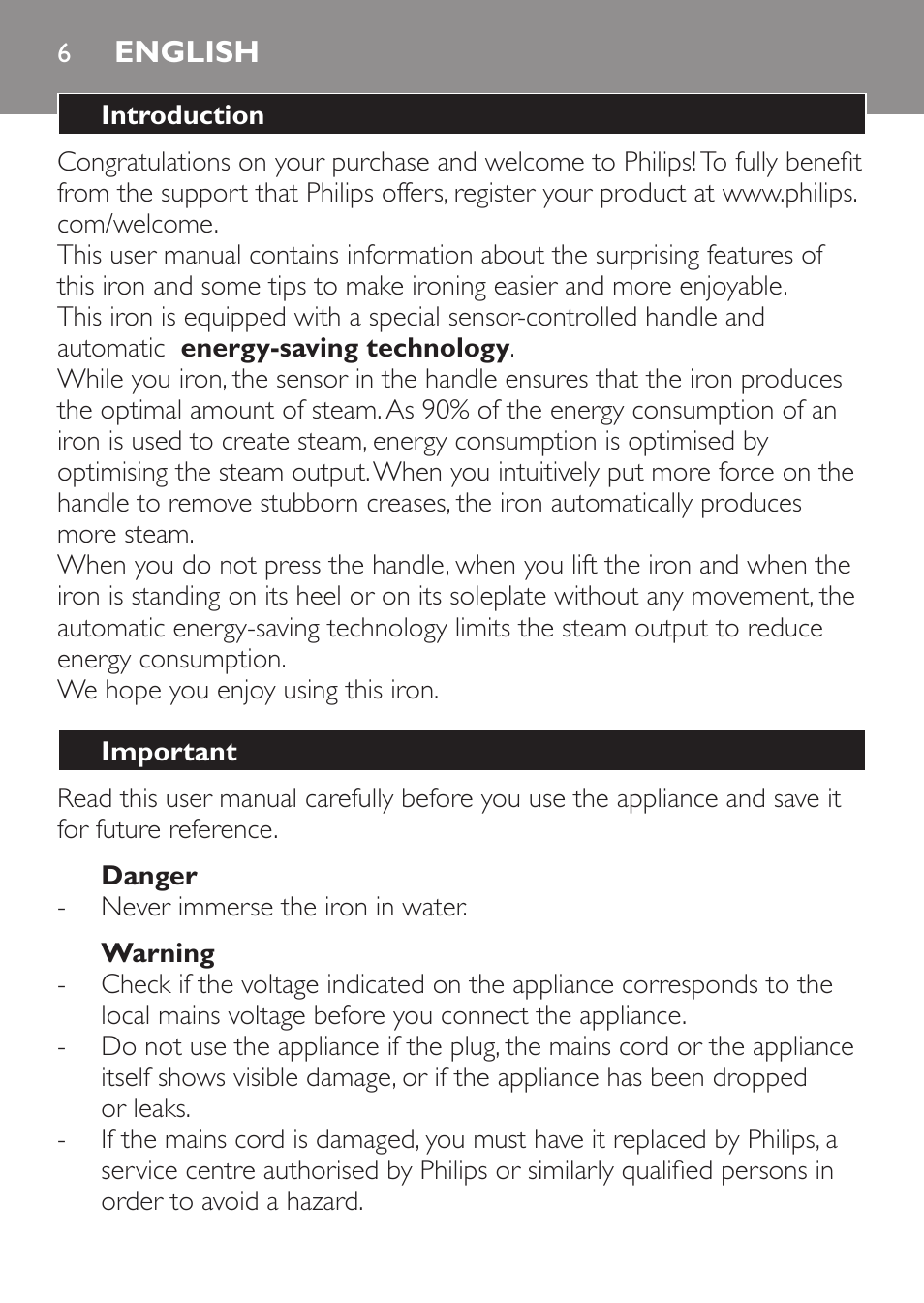 English, Introduction, Important | Danger, Warning | Philips GC3620 User Manual | Page 6 / 224