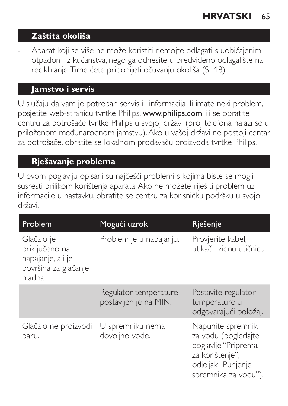 Zaštita okoliša, Jamstvo i servis, Rješavanje problema | Philips GC3620 User Manual | Page 65 / 224