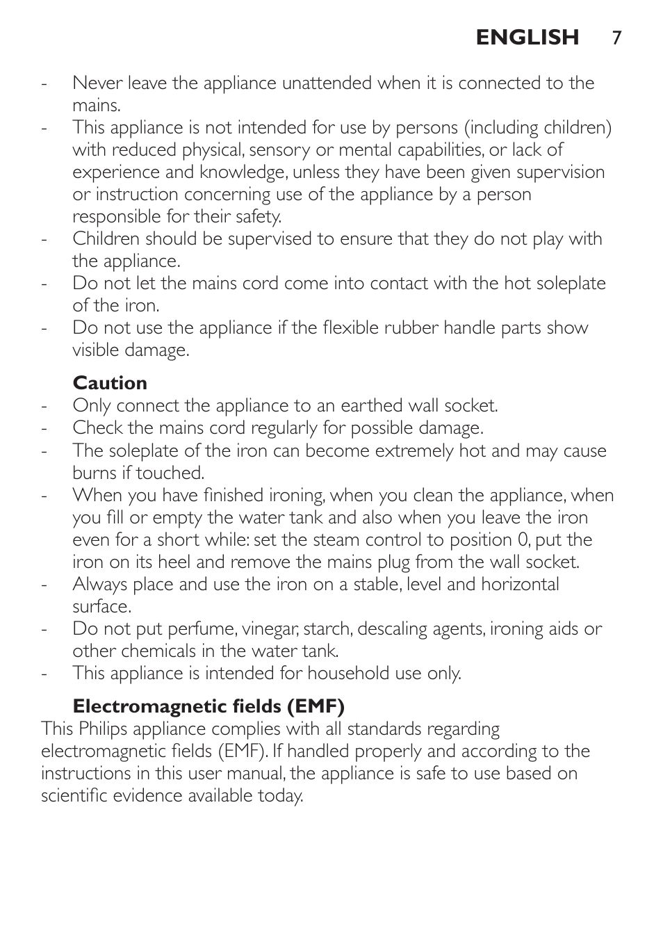 Caution, Electromagnetic fields (emf), General description (fig. 1) | Philips GC3620 User Manual | Page 7 / 224