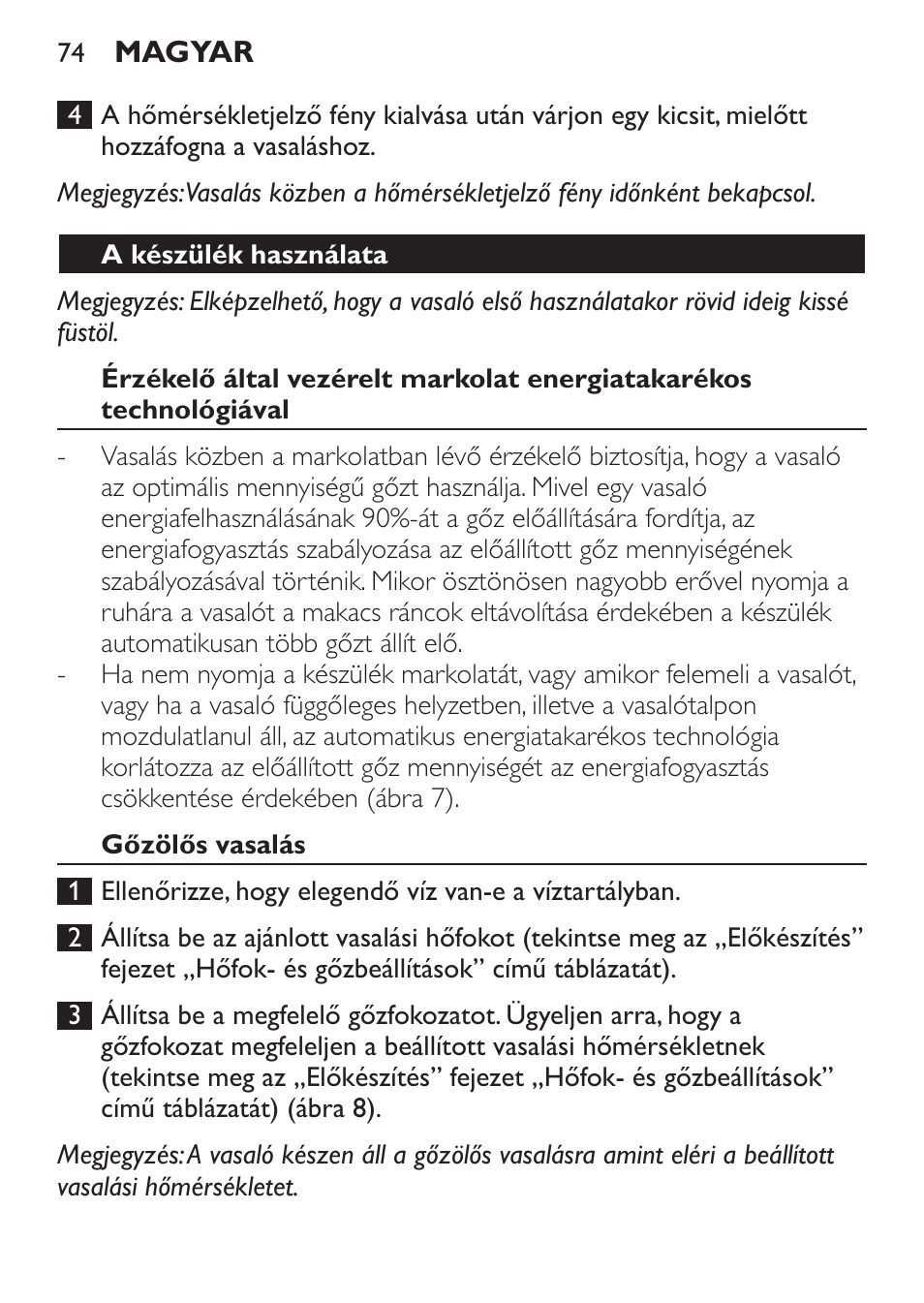 A készülék használata, Gőzölős vasalás | Philips GC3620 User Manual | Page 74 / 224