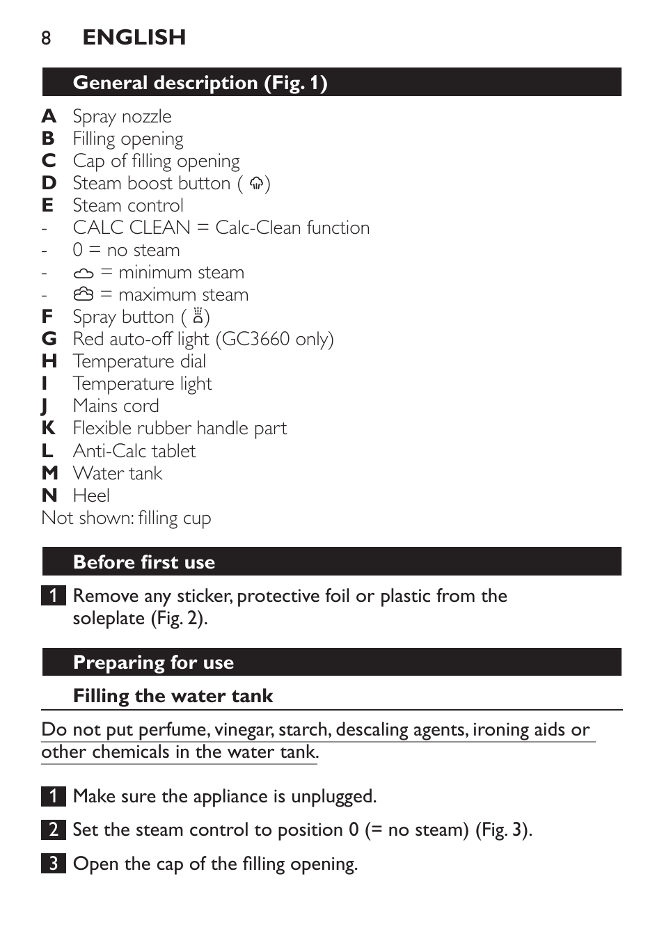 Before first use, Preparing for use, Filling the water tank | Philips GC3620 User Manual | Page 8 / 224