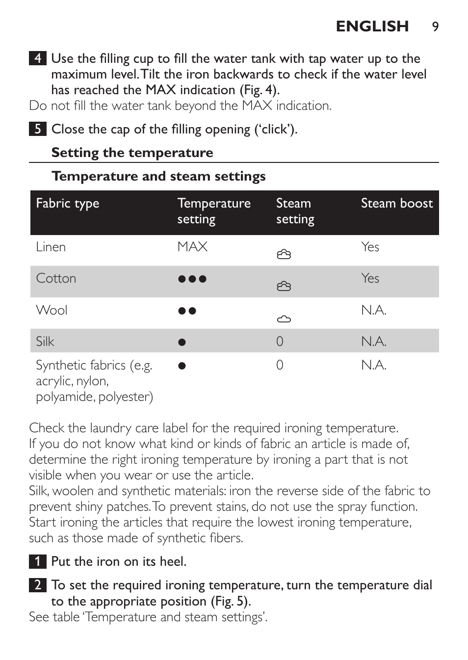 Setting the temperature, Temperature and steam settings | Philips GC3620 User Manual | Page 9 / 224