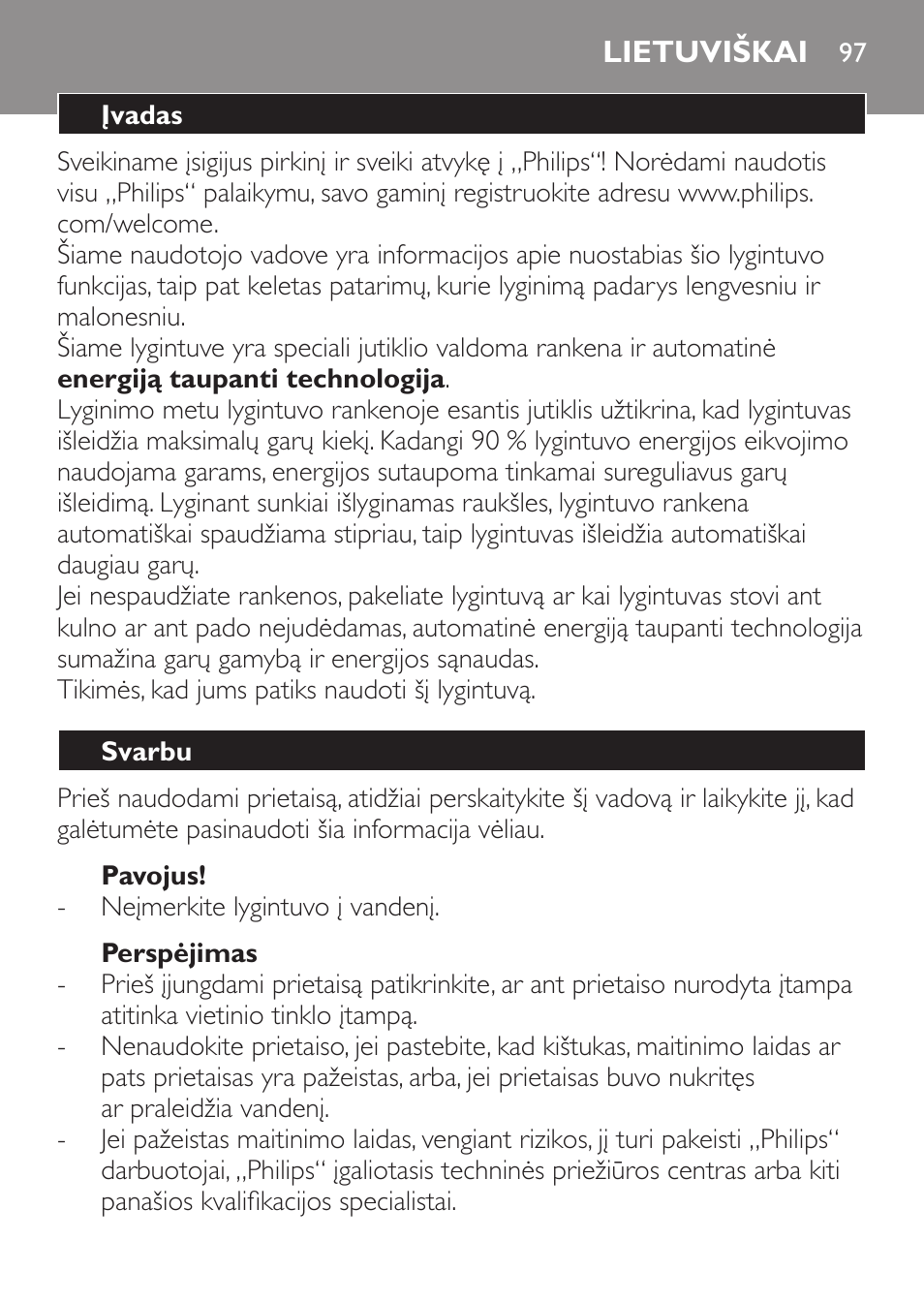Pavojus, Perspėjimas, Lietuviškai | Įvadas, Svarbu | Philips GC3620 User Manual | Page 97 / 224