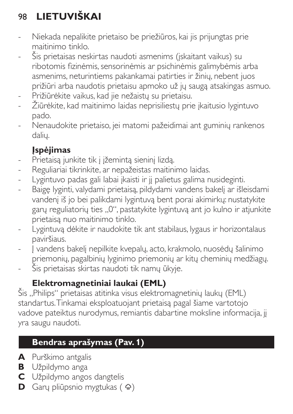 Įspėjimas, Elektromagnetiniai laukai (eml), Bendras aprašymas (pav. 1) | Philips GC3620 User Manual | Page 98 / 224