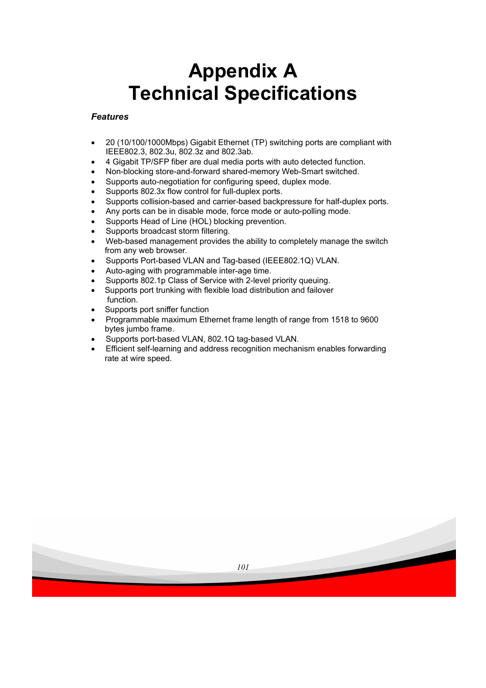 Appendix a technical specifications | Edimax Technology ES-5240G+ User Manual | Page 107 / 111